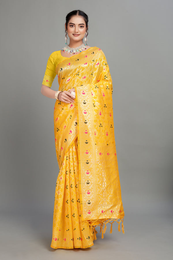 Soft Lichi Silk Fabric With Flower Print Yellow Silk Saree