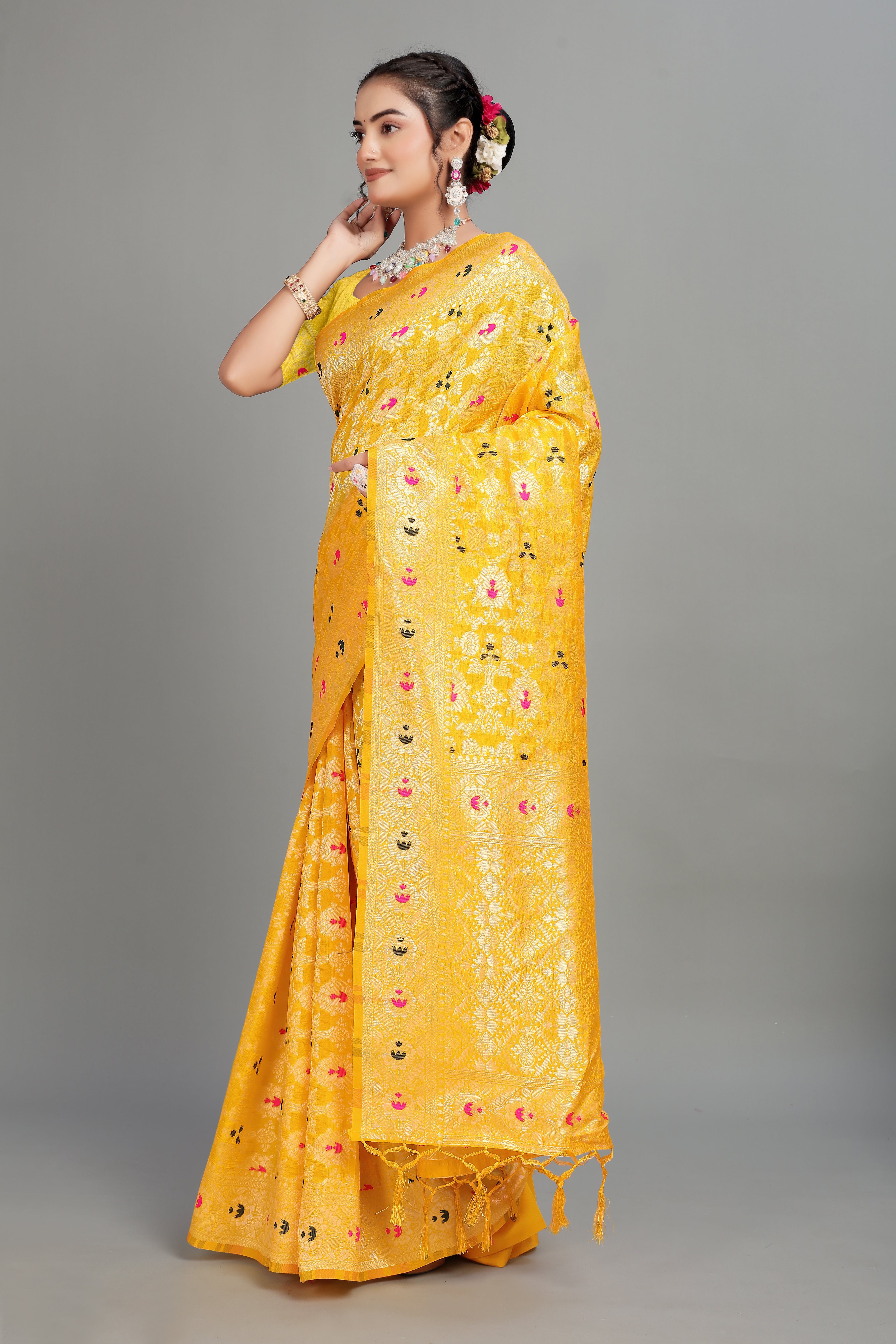 Yellow Banarasi Woven Silk Blend Saree