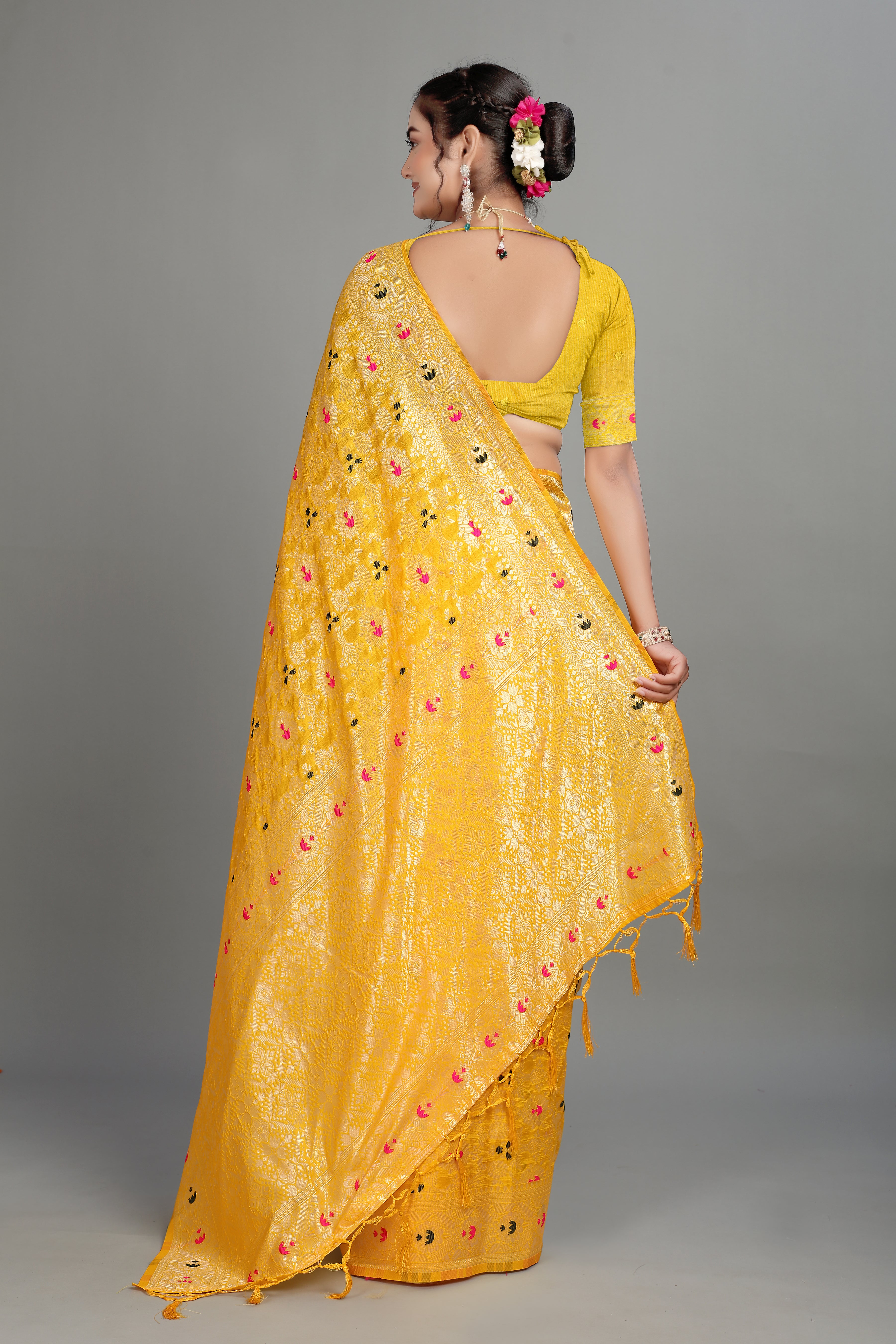 Yellow Banarasi Woven Silk Blend Saree