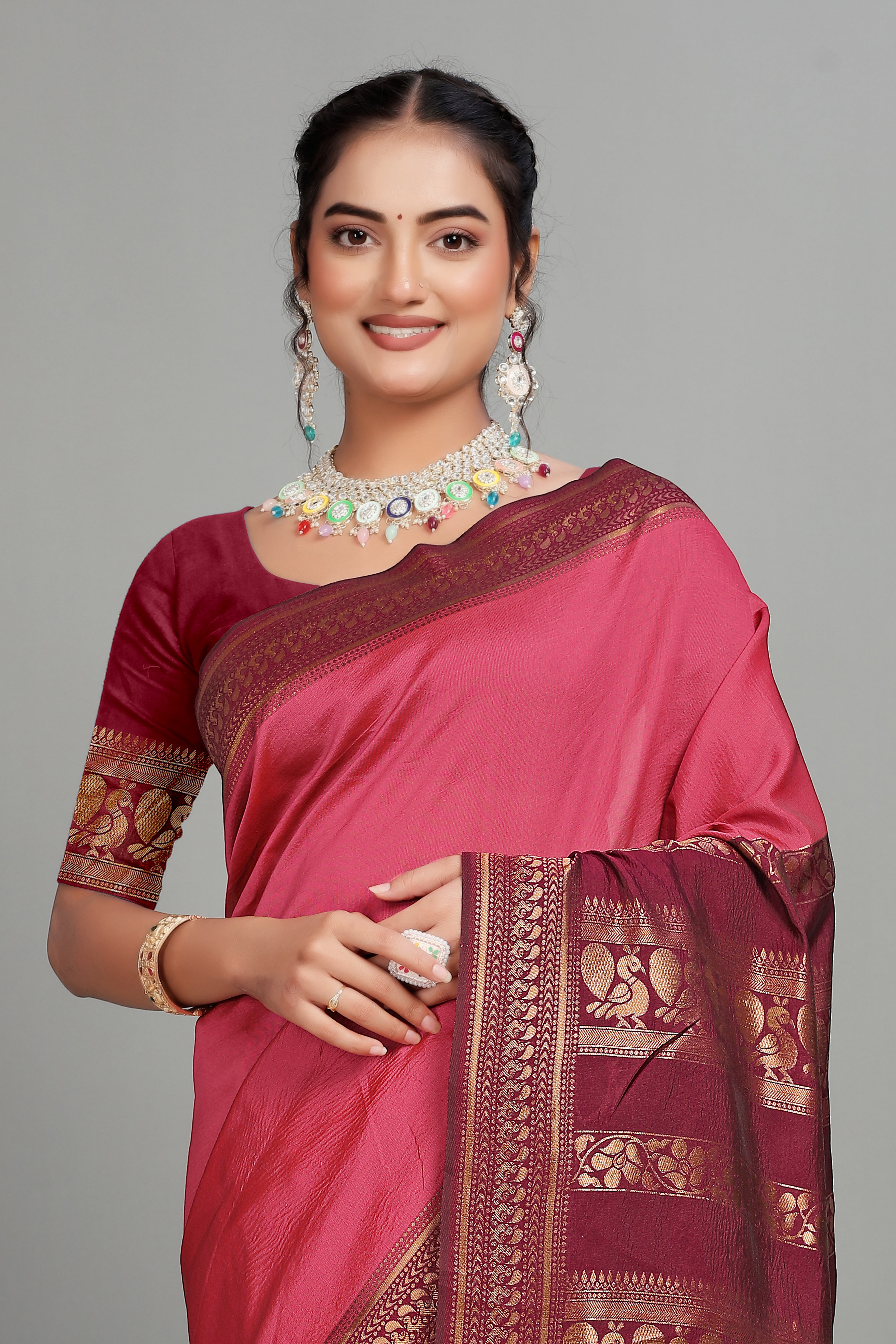 Pink Solid Woven Silk Saree
