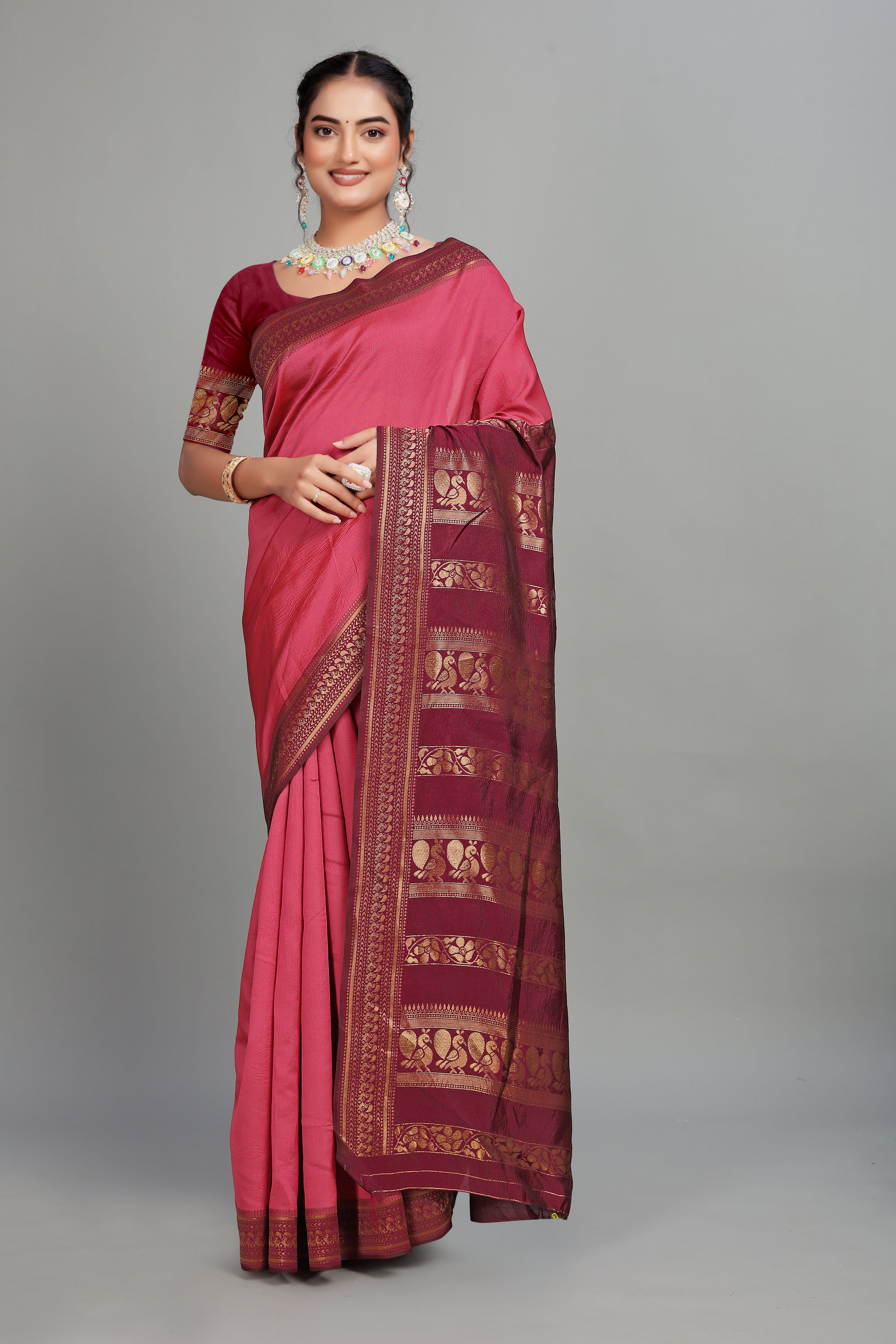 Pink Solid Woven Silk Saree