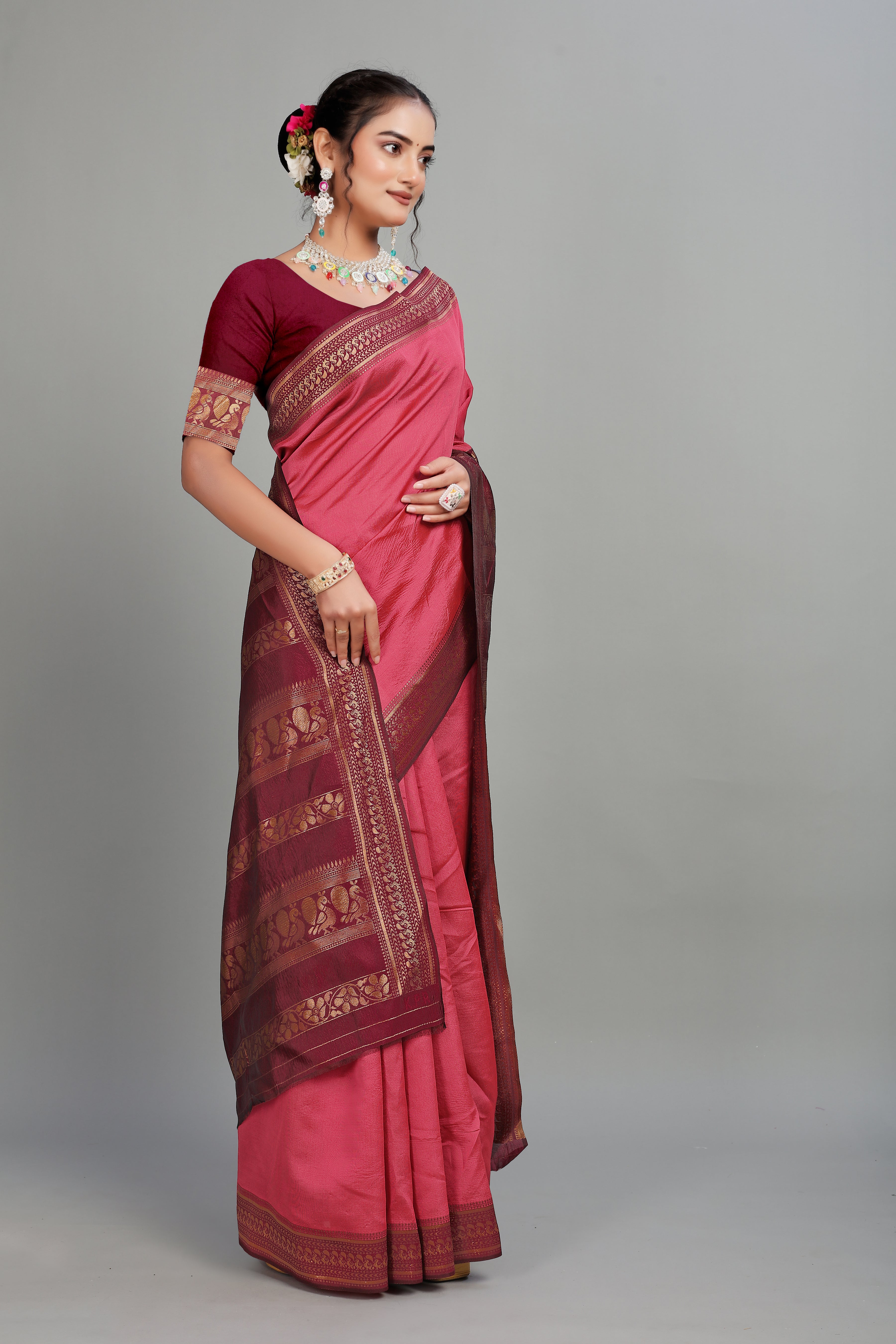 Pink Solid Woven Silk Saree