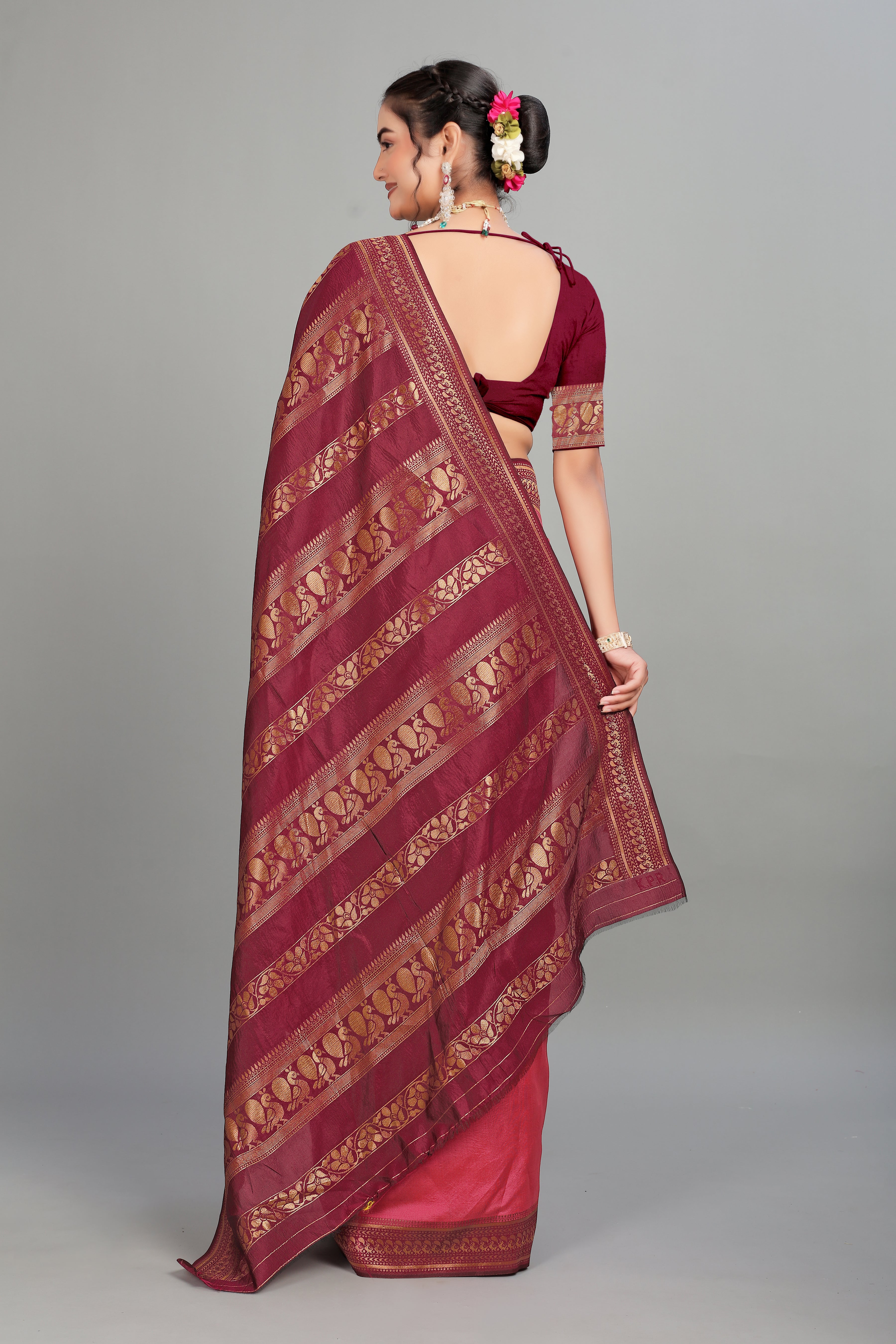 Pink Solid Woven Silk Saree