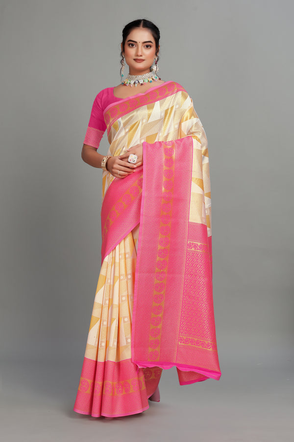 Cream-Pink Weaving Silk Saree