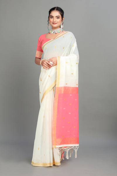 White Toned Weaving Cotton Silk Saree