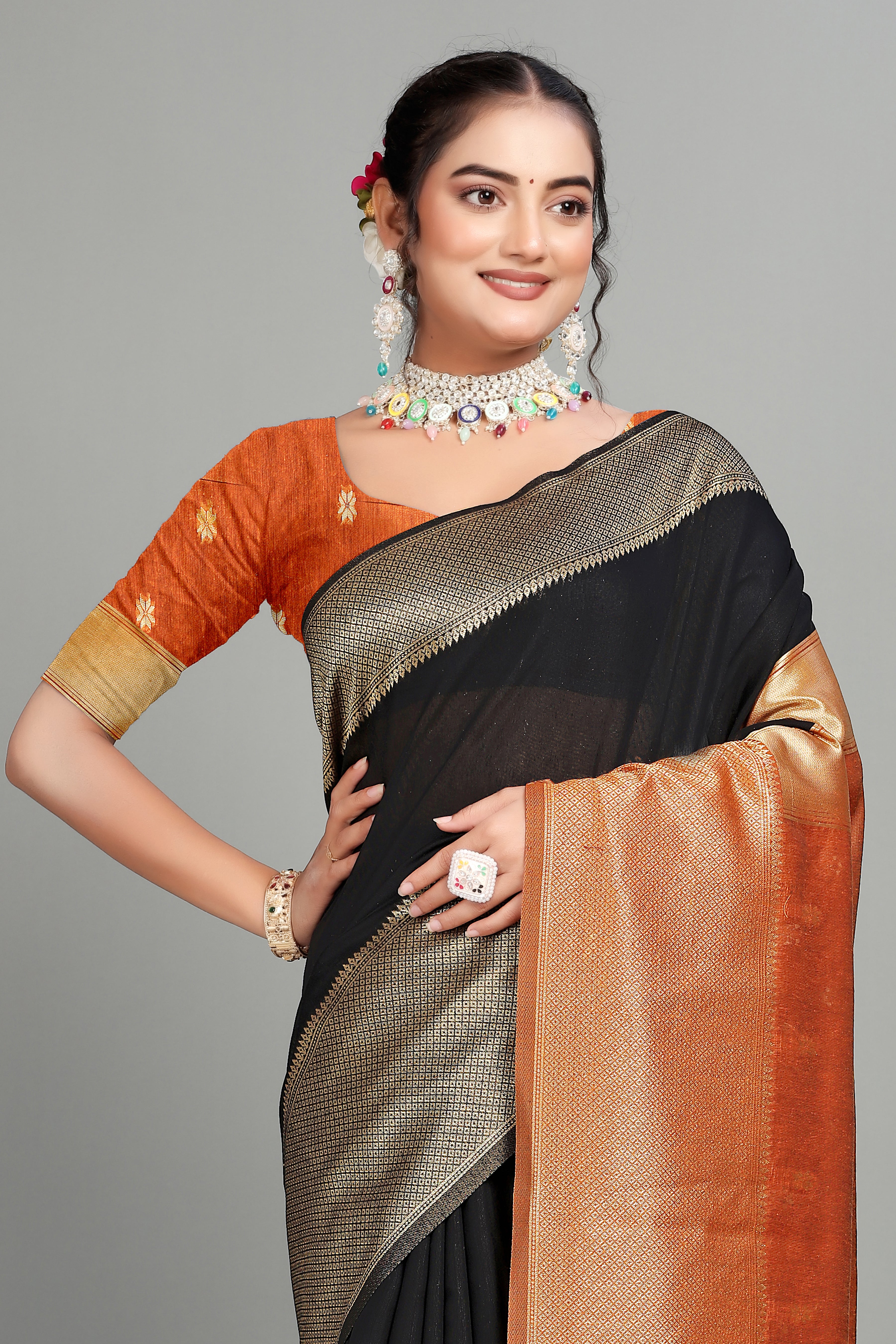 Orange-Black Cotton Silk Saree