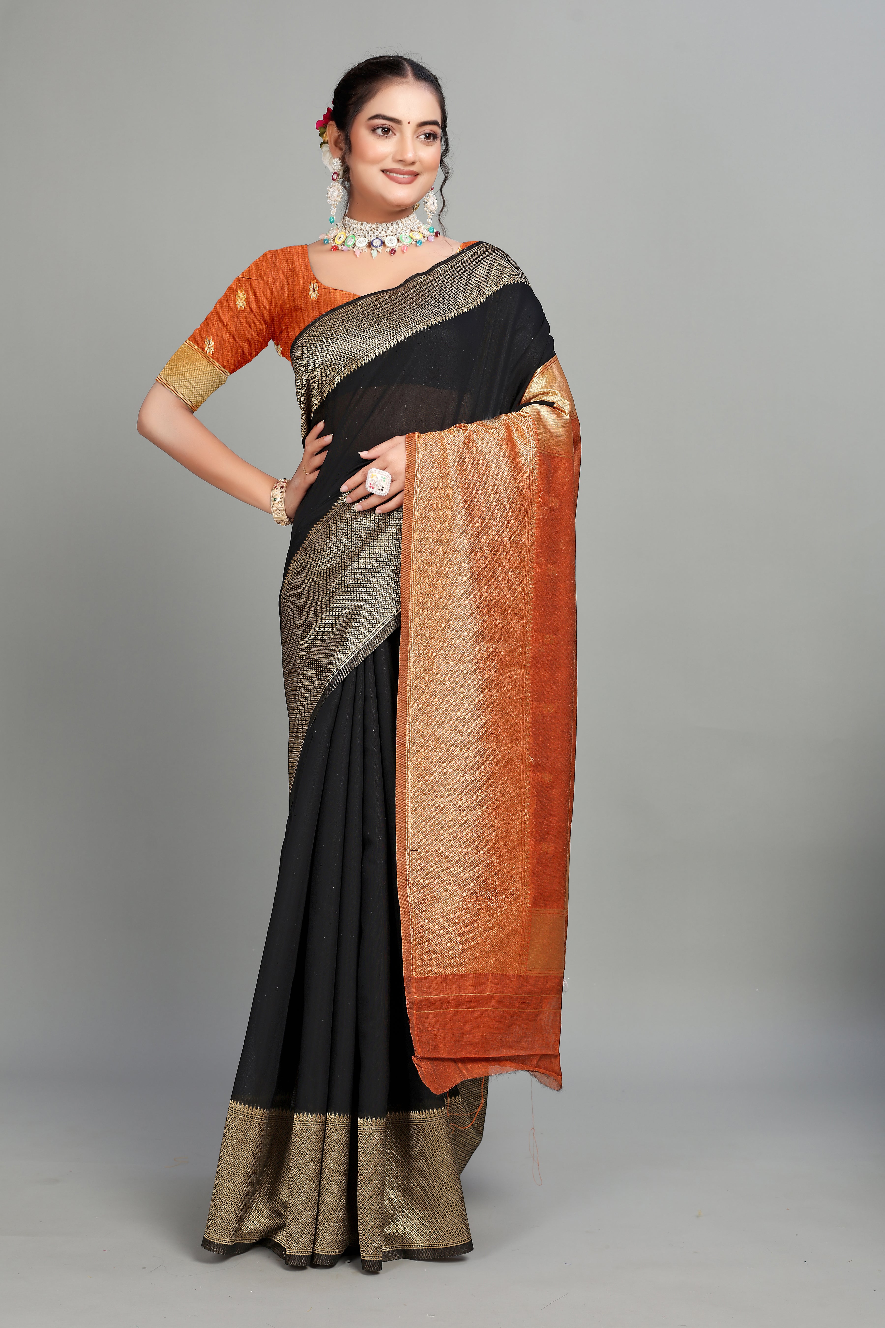 Orange-Black Cotton Silk Saree