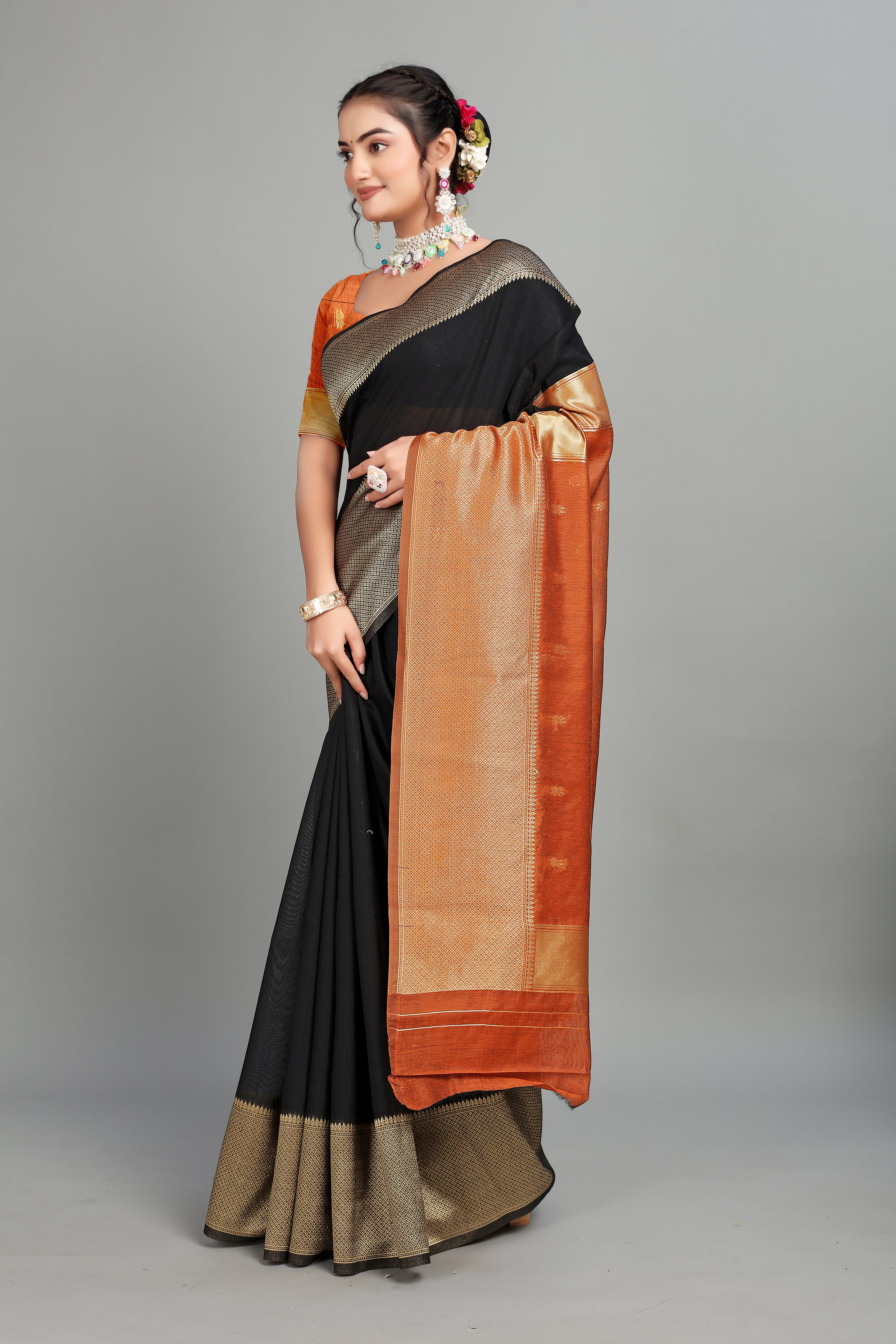 Orange-Black Cotton Silk Saree