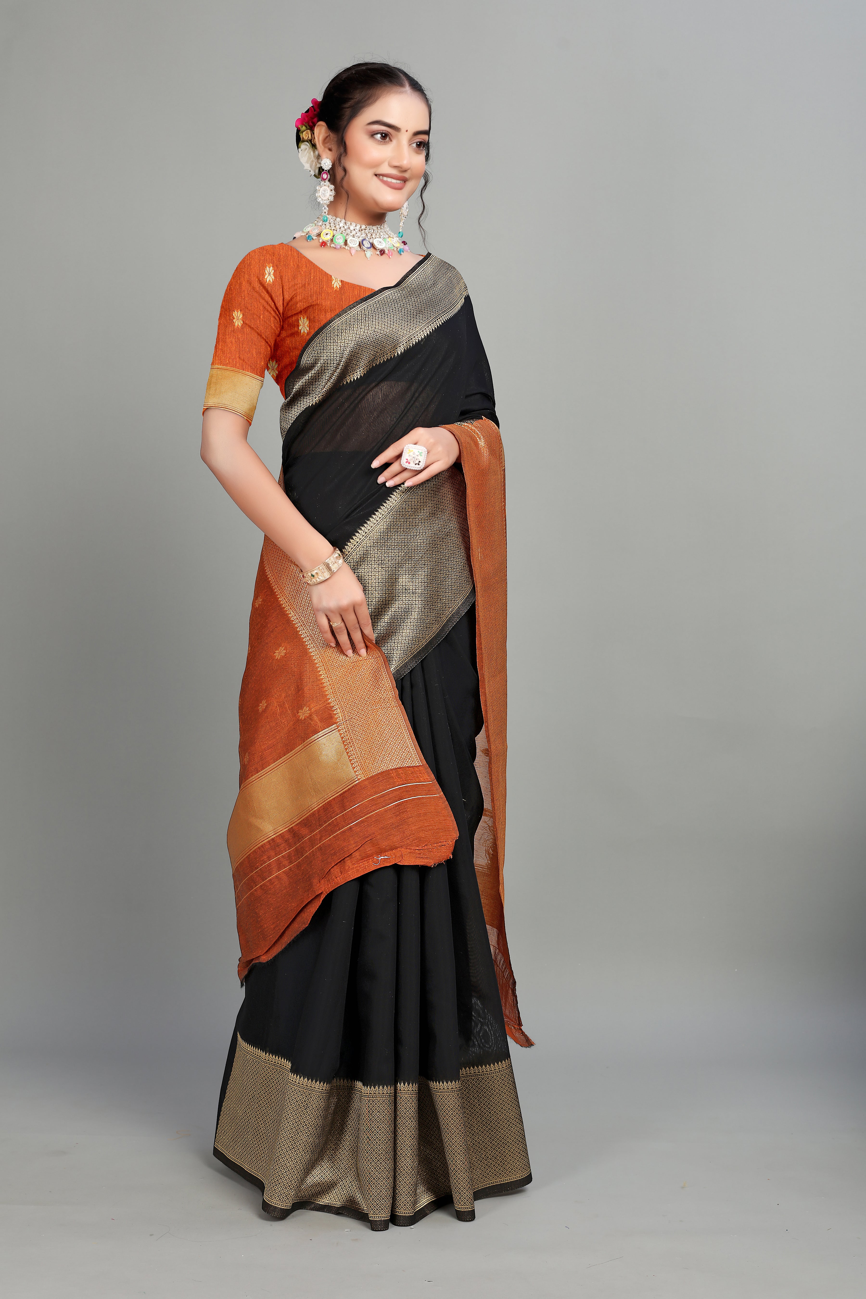 Orange-Black Cotton Silk Saree