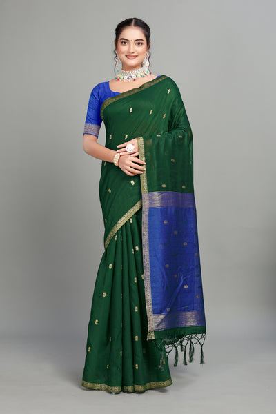 Dark Green Toned Weaving Cotton Silk Saree