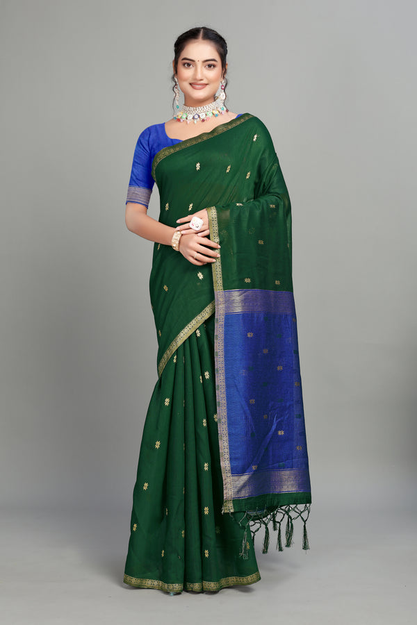 Dark Green Toned Weaving Cotton Silk Saree