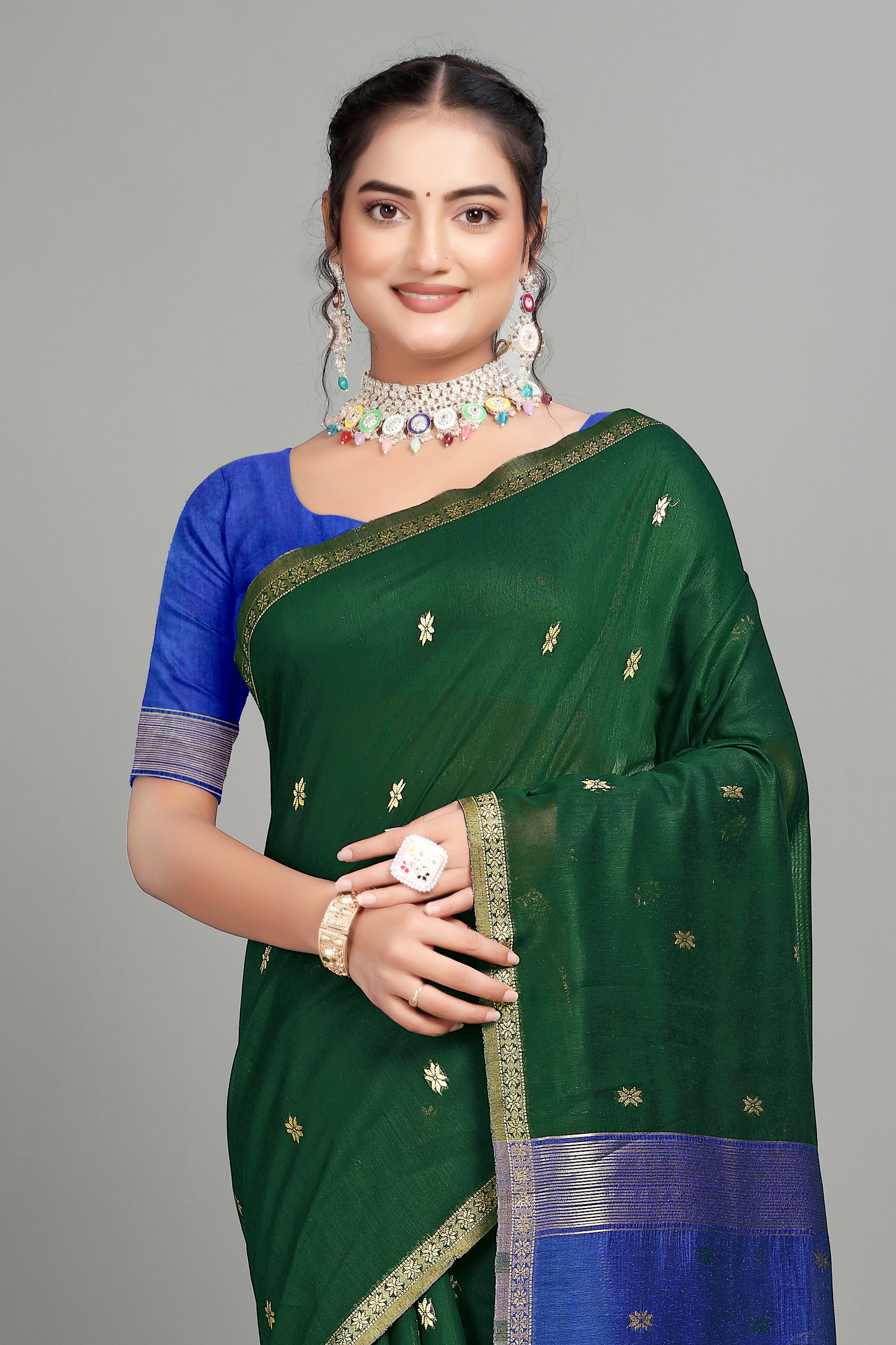 Dark Green Toned Weaving Cotton Silk Saree