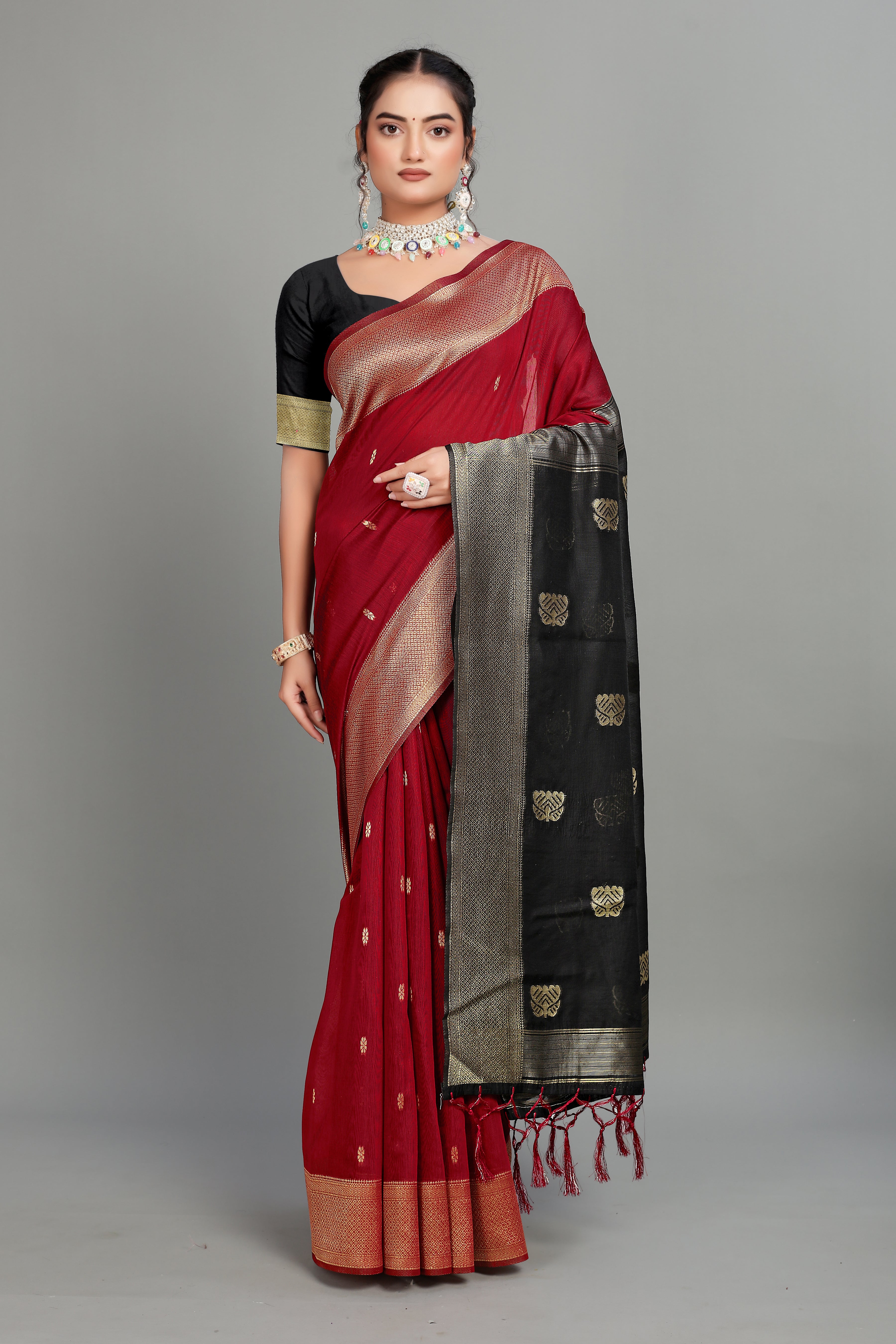 Red Toned Weaving Cotton Silk Saree