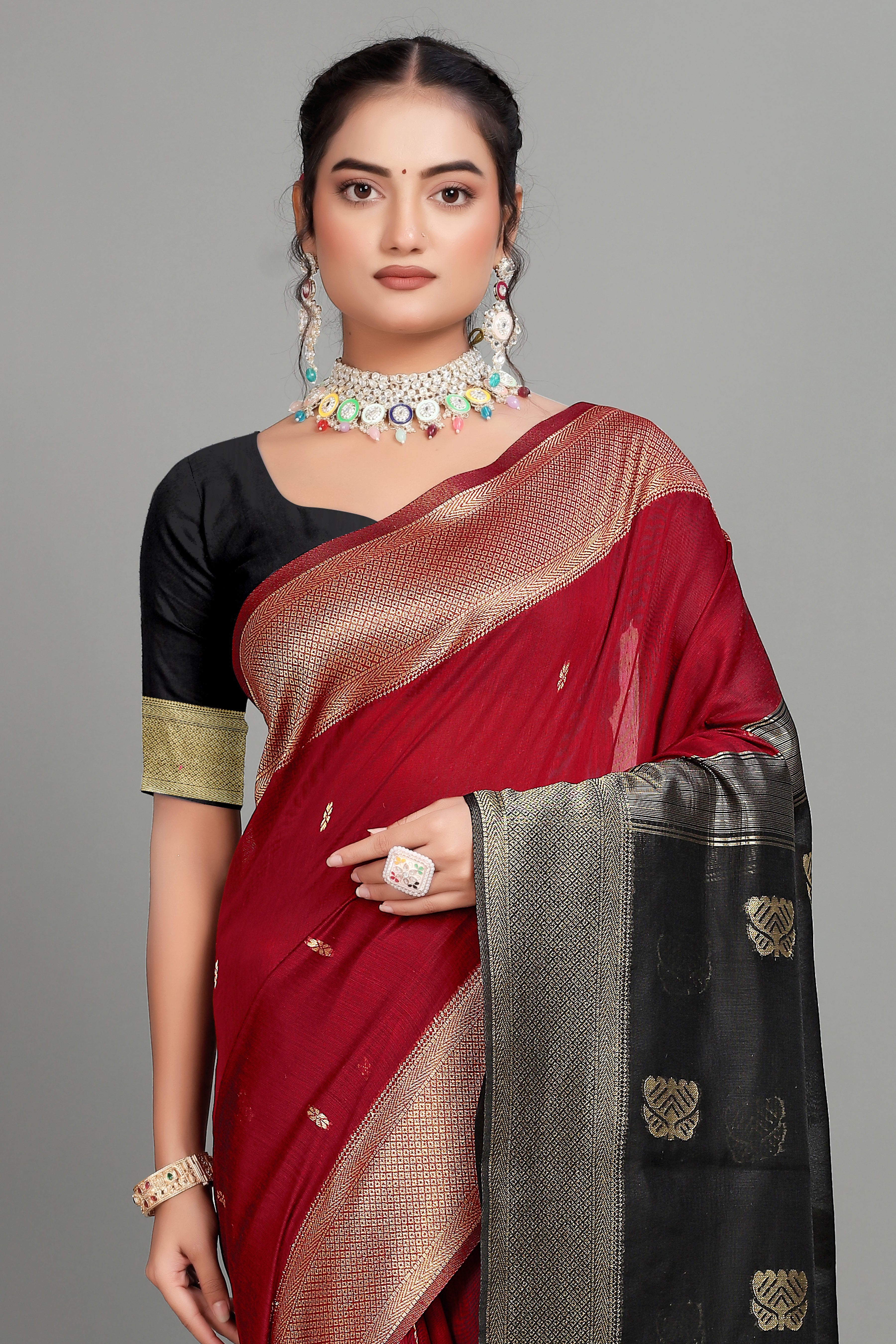 Red Toned Weaving Cotton Silk Saree
