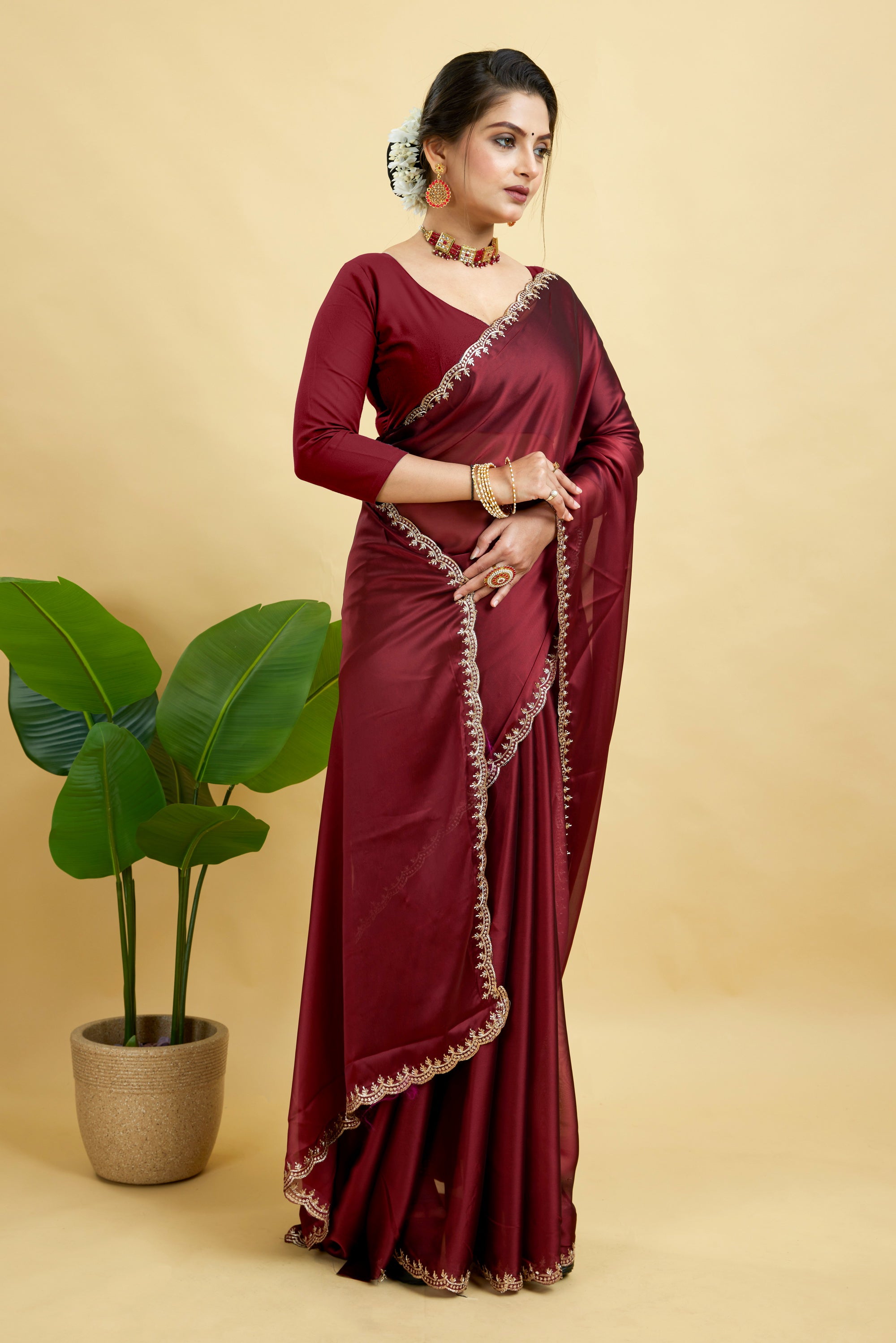 Maroon Embroidered Rangoli Silk Saree