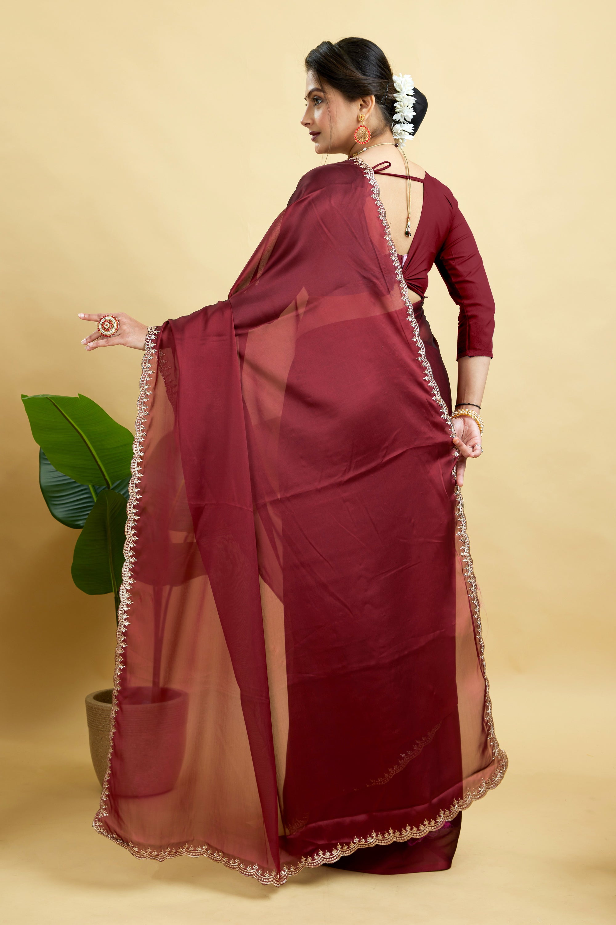 Maroon Embroidered Rangoli Silk Saree