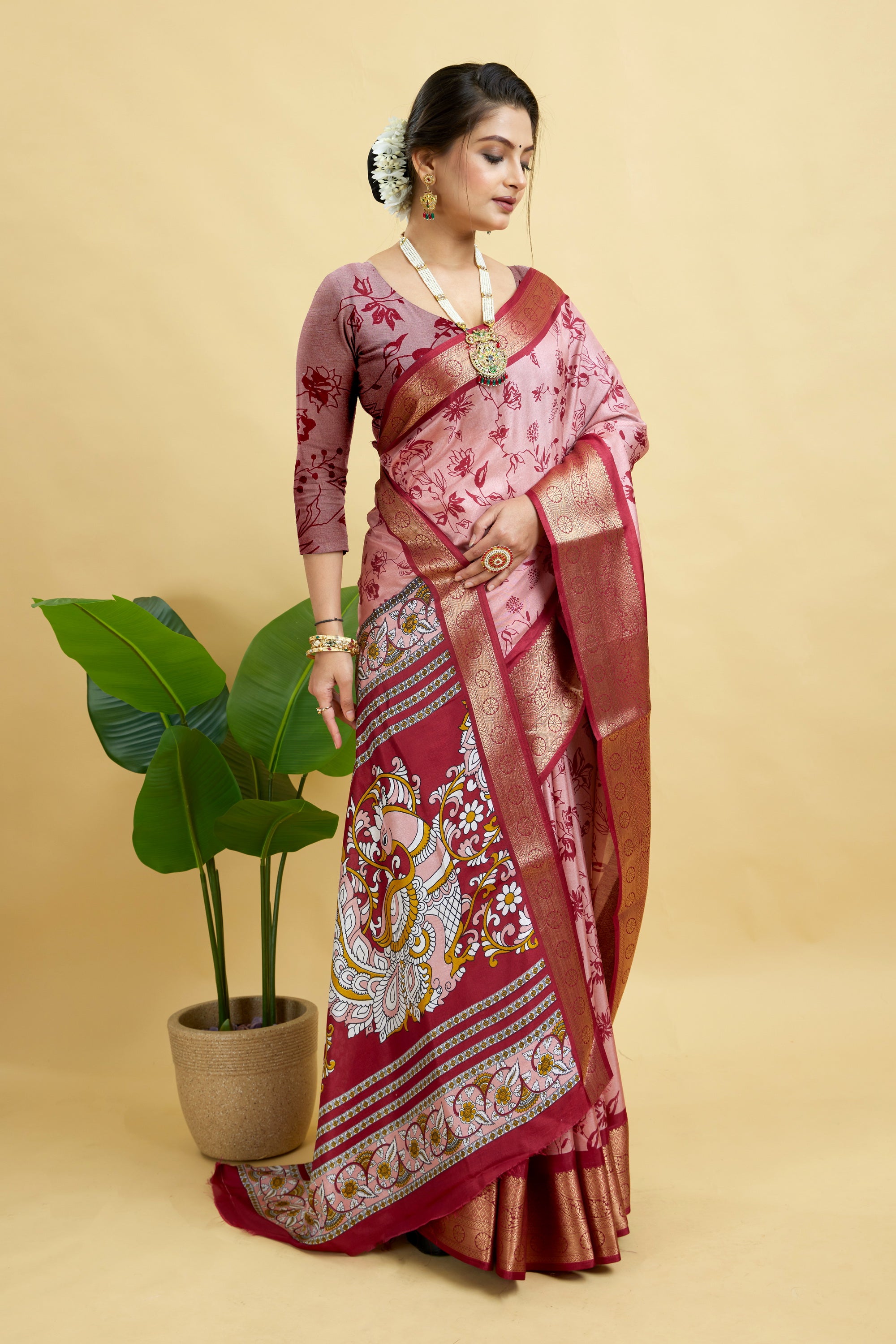 Pink Soft Dola Cotton Printed Saree