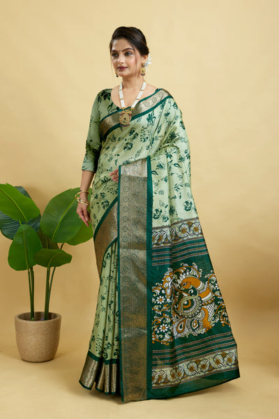 Dark Green Soft Dola Cotton Printed Saree