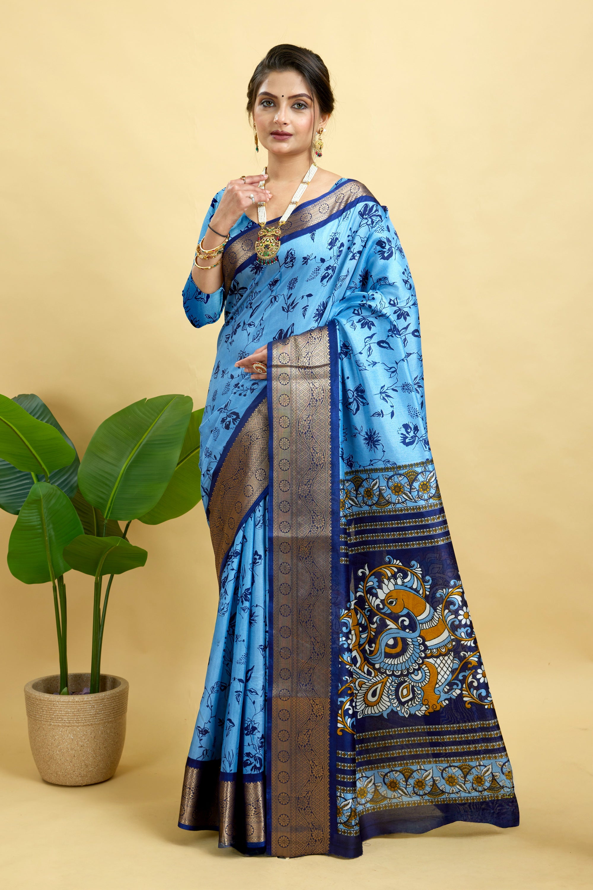 Royal Blue Soft Dola Cotton Printed Saree