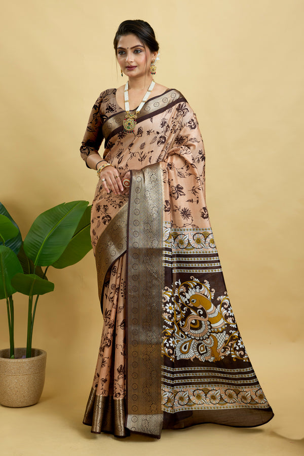 Peach Soft Dola Cotton Printed Saree