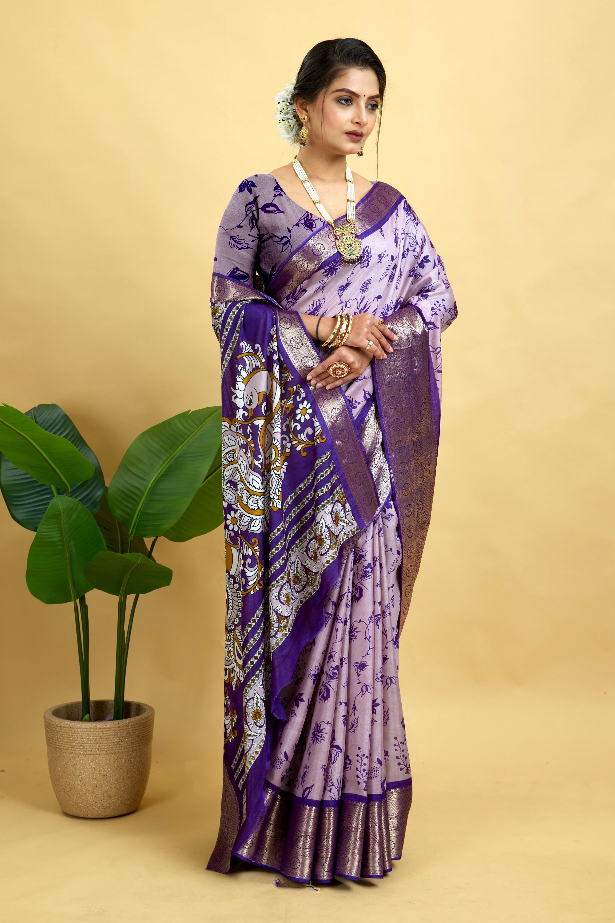 Purple Soft Dola Cotton Printed Saree