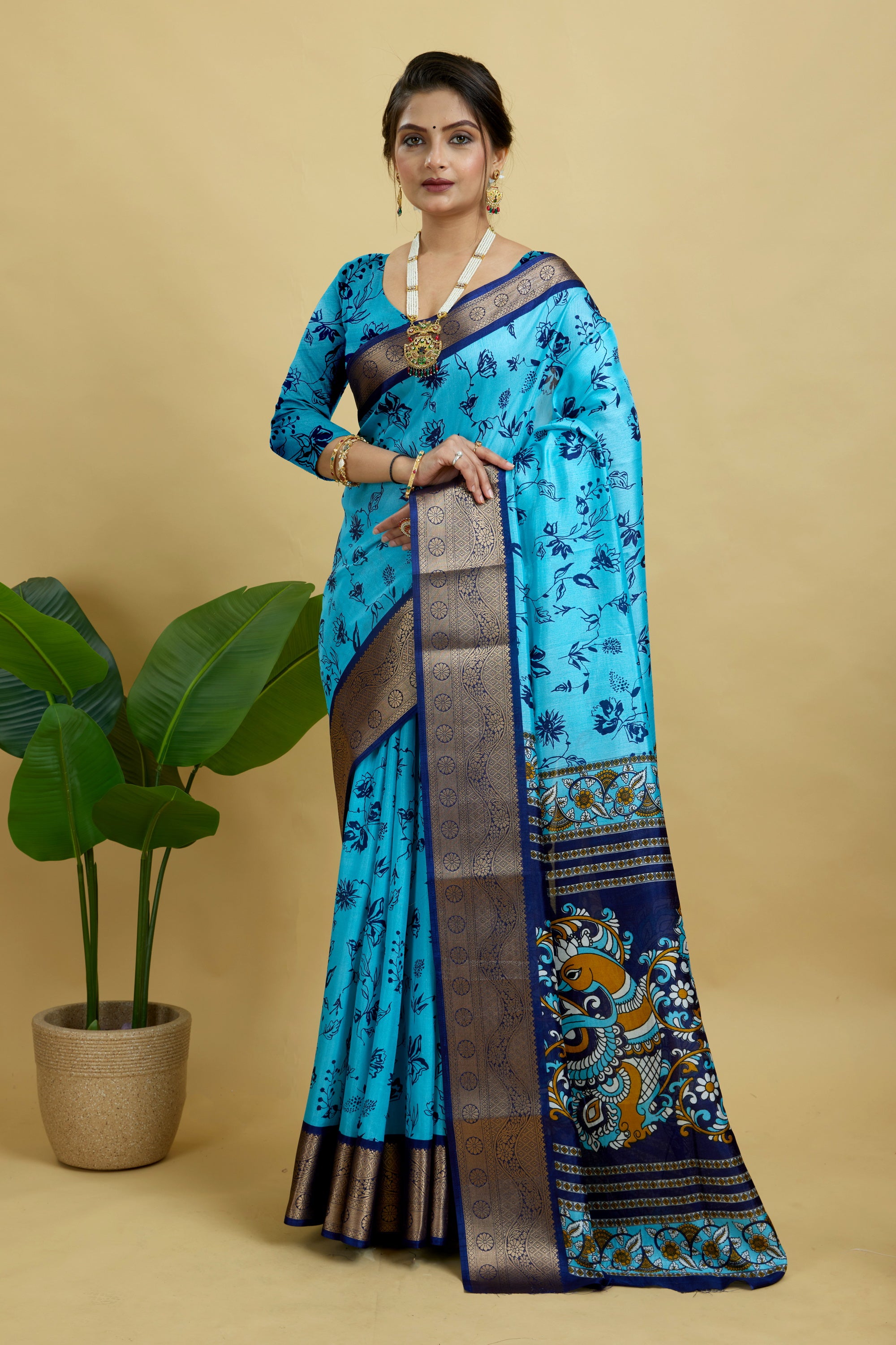 Blue Soft Dola Cotton Printed Saree
