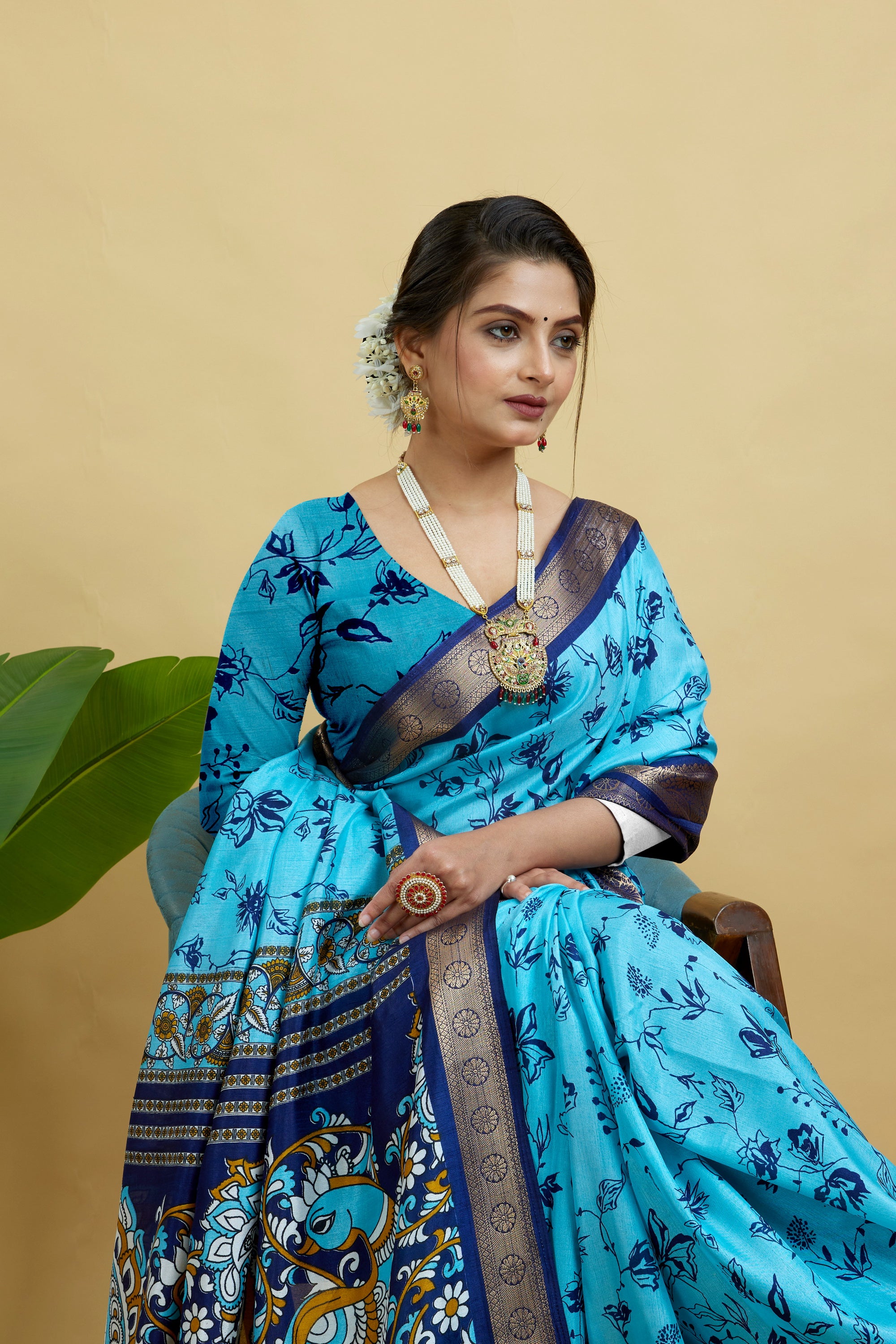 Blue Soft Dola Cotton Printed Saree