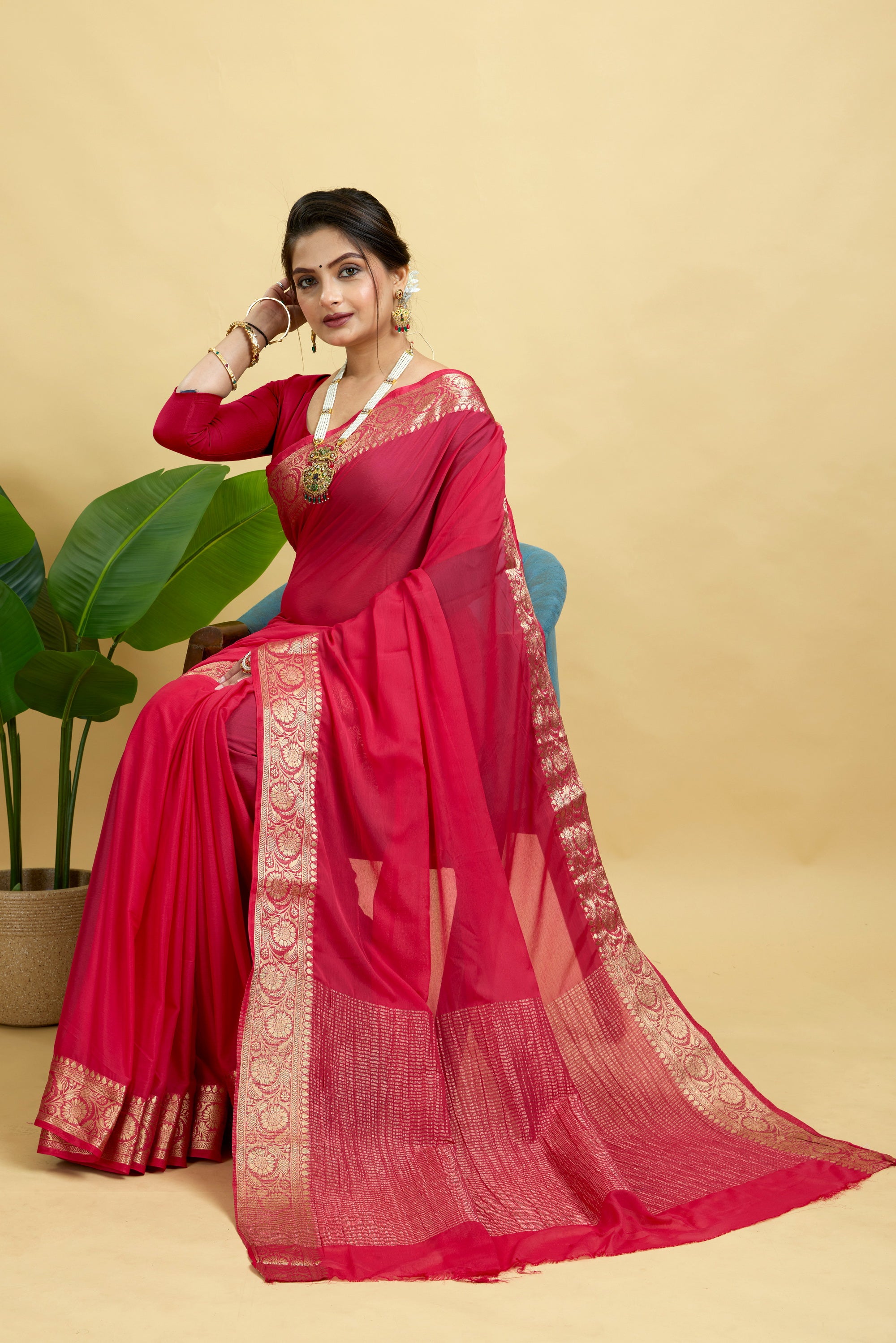 Red Woven Chinnon Silk Saree