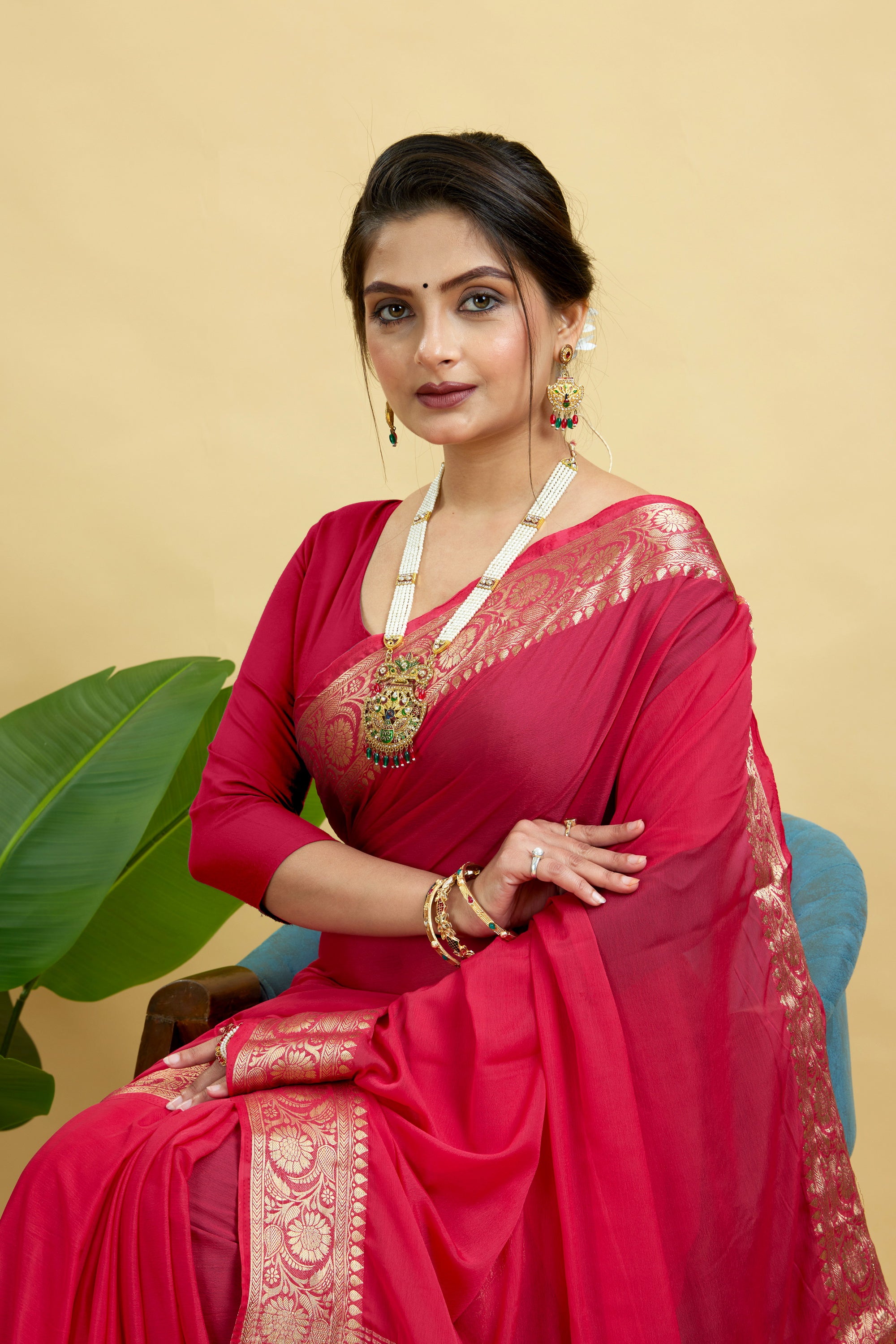Red Woven Chinnon Silk Saree