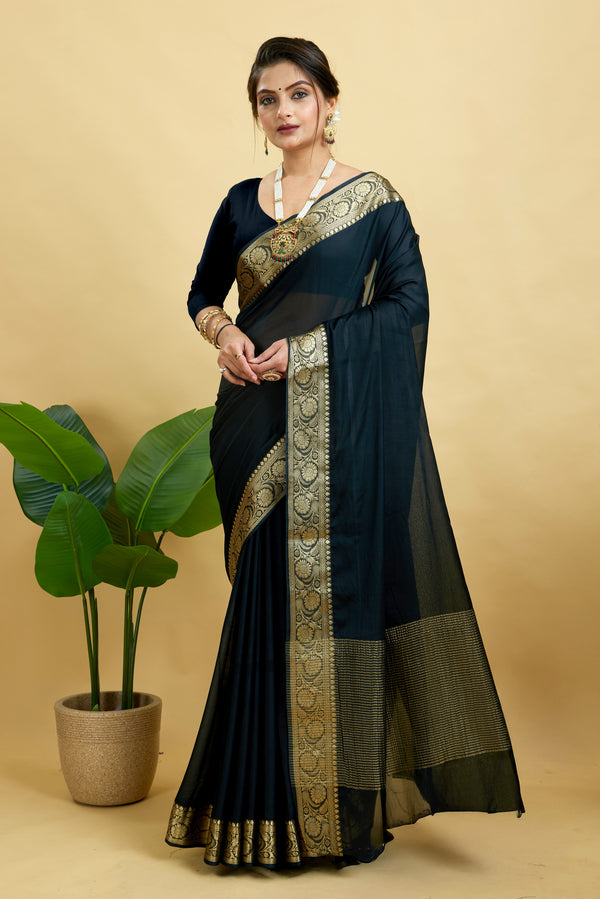 Black Woven Chinnon Silk Saree