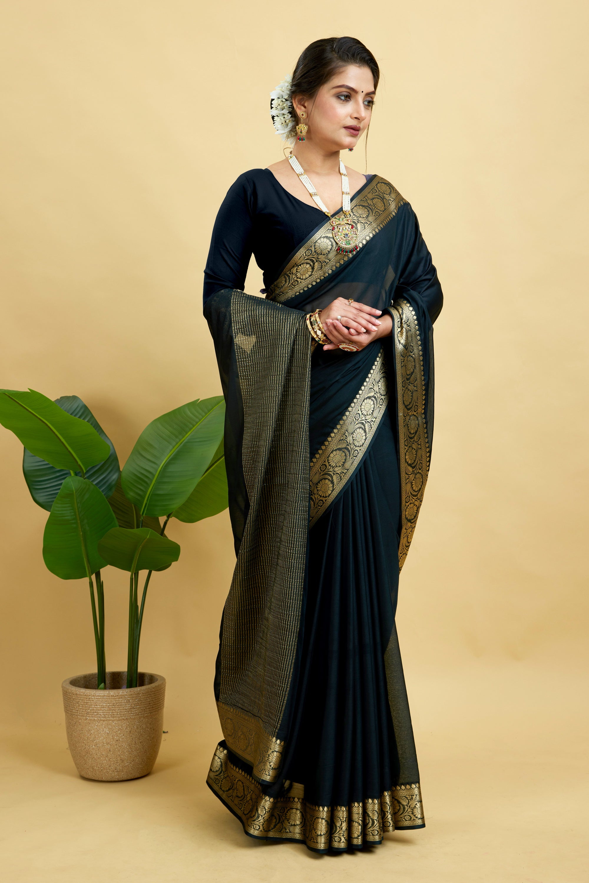 Black Woven Chinnon Silk Saree