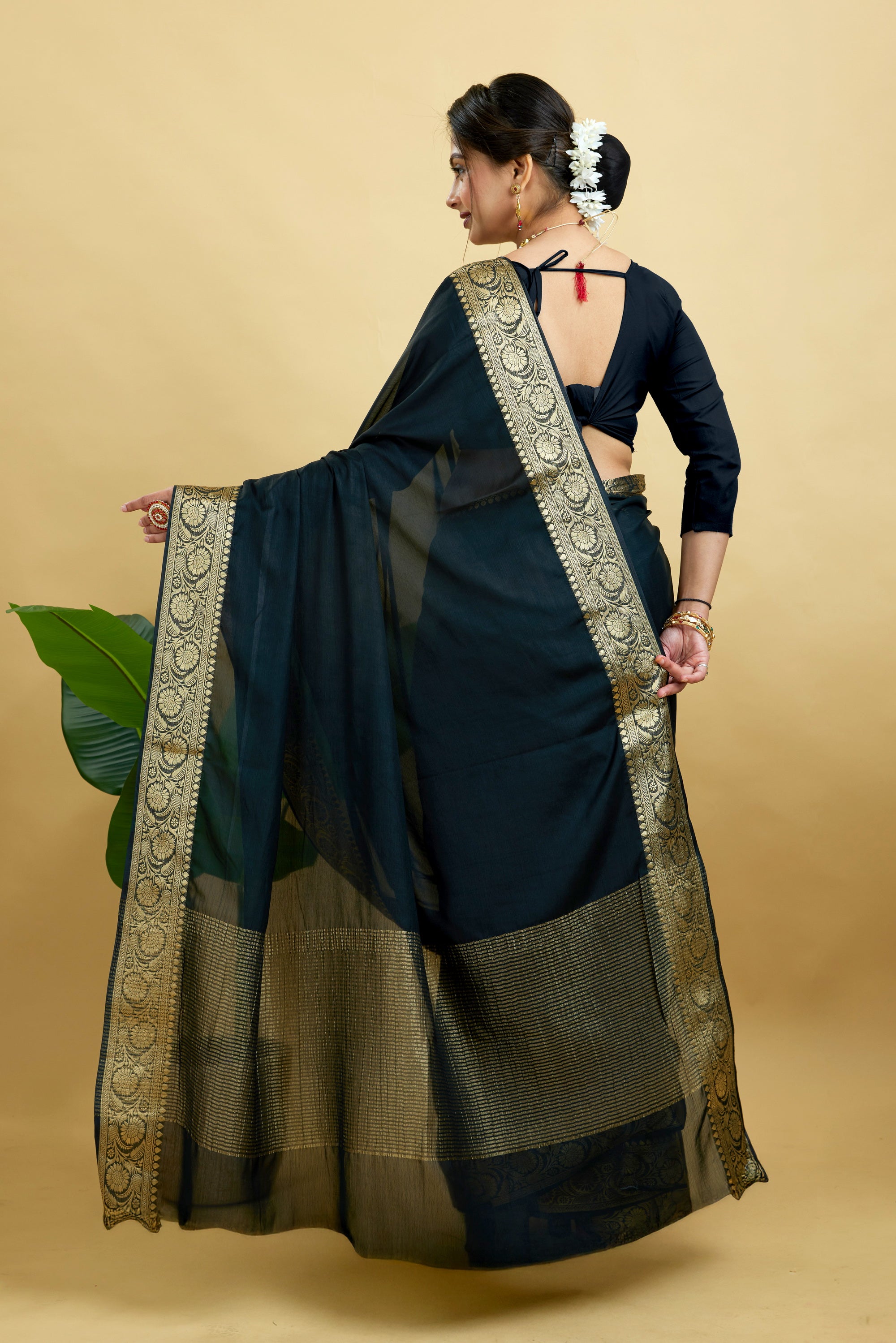 Black Woven Chinnon Silk Saree