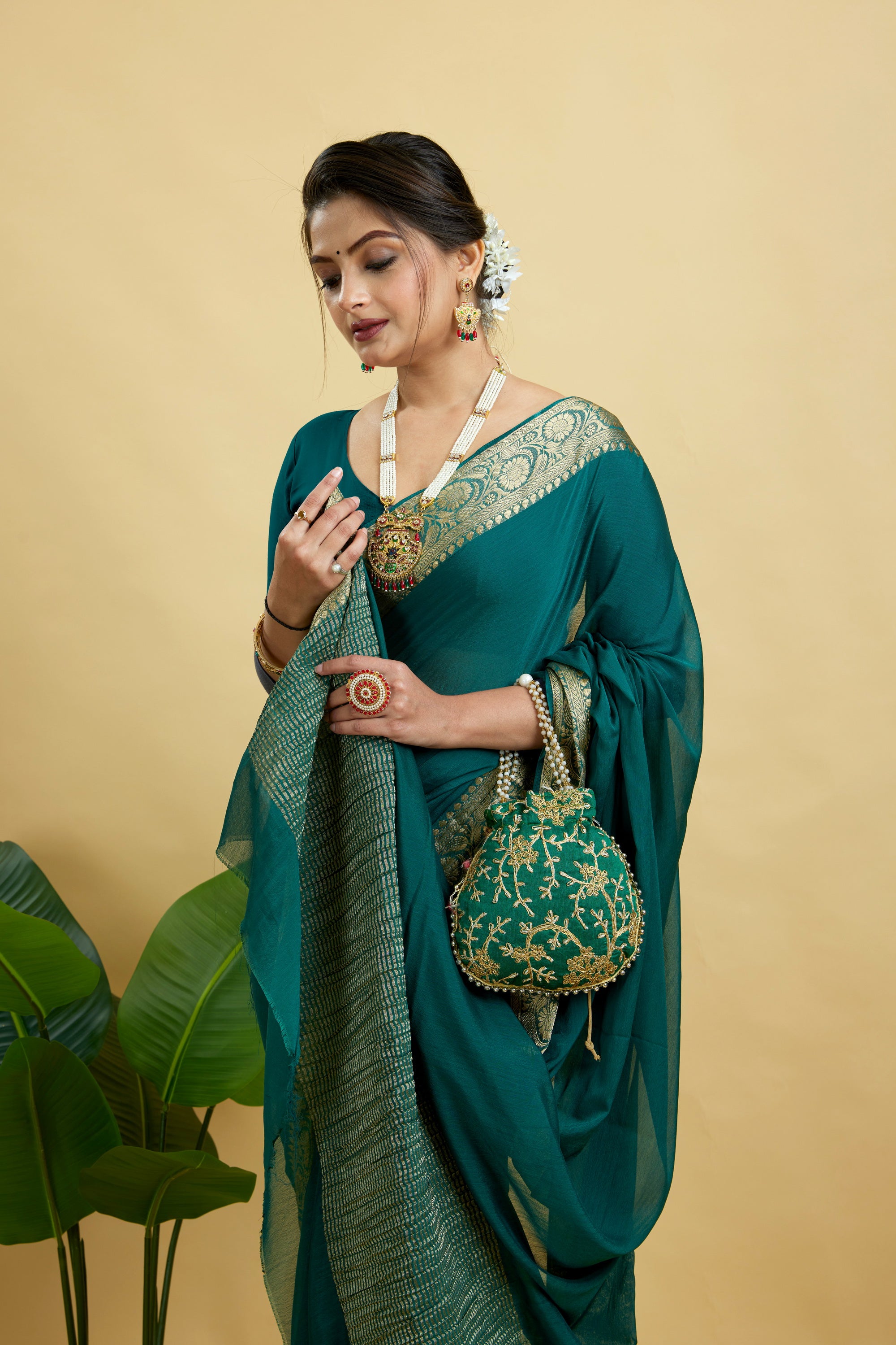 Green Woven Chinnon Silk Saree