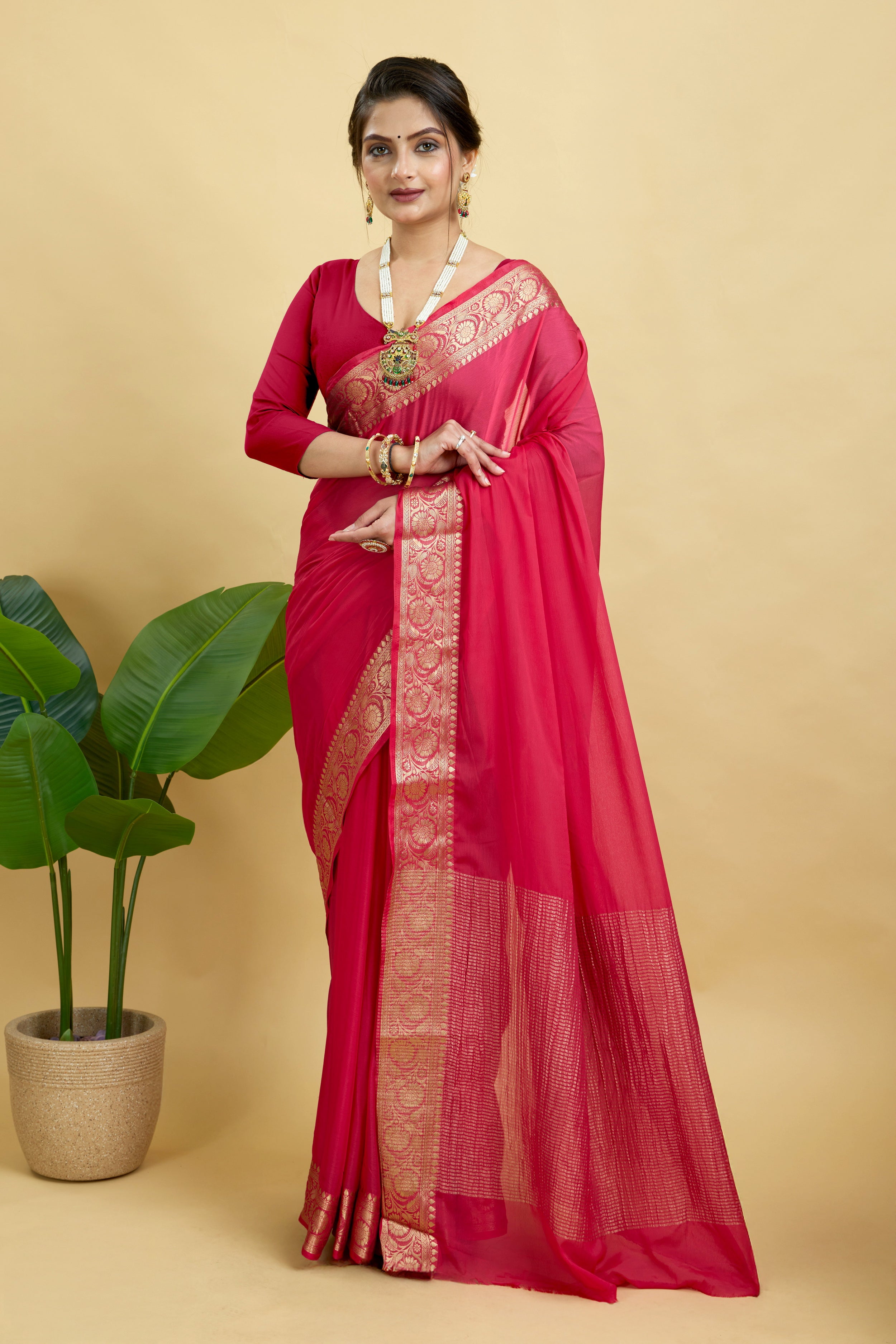Red Woven Chinnon Silk Saree