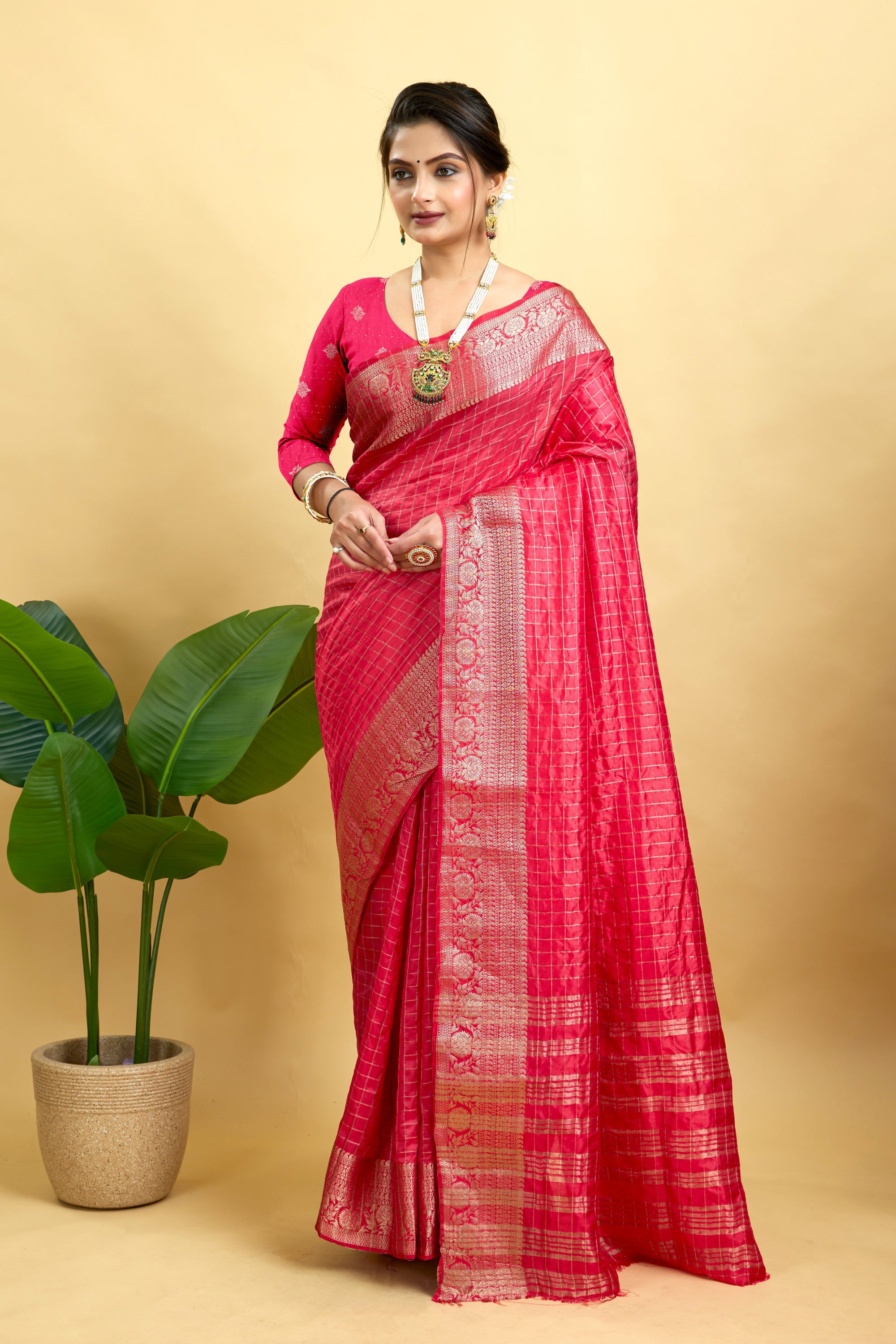 Dark Pink Woven Jacquard Cotton Silk Saree