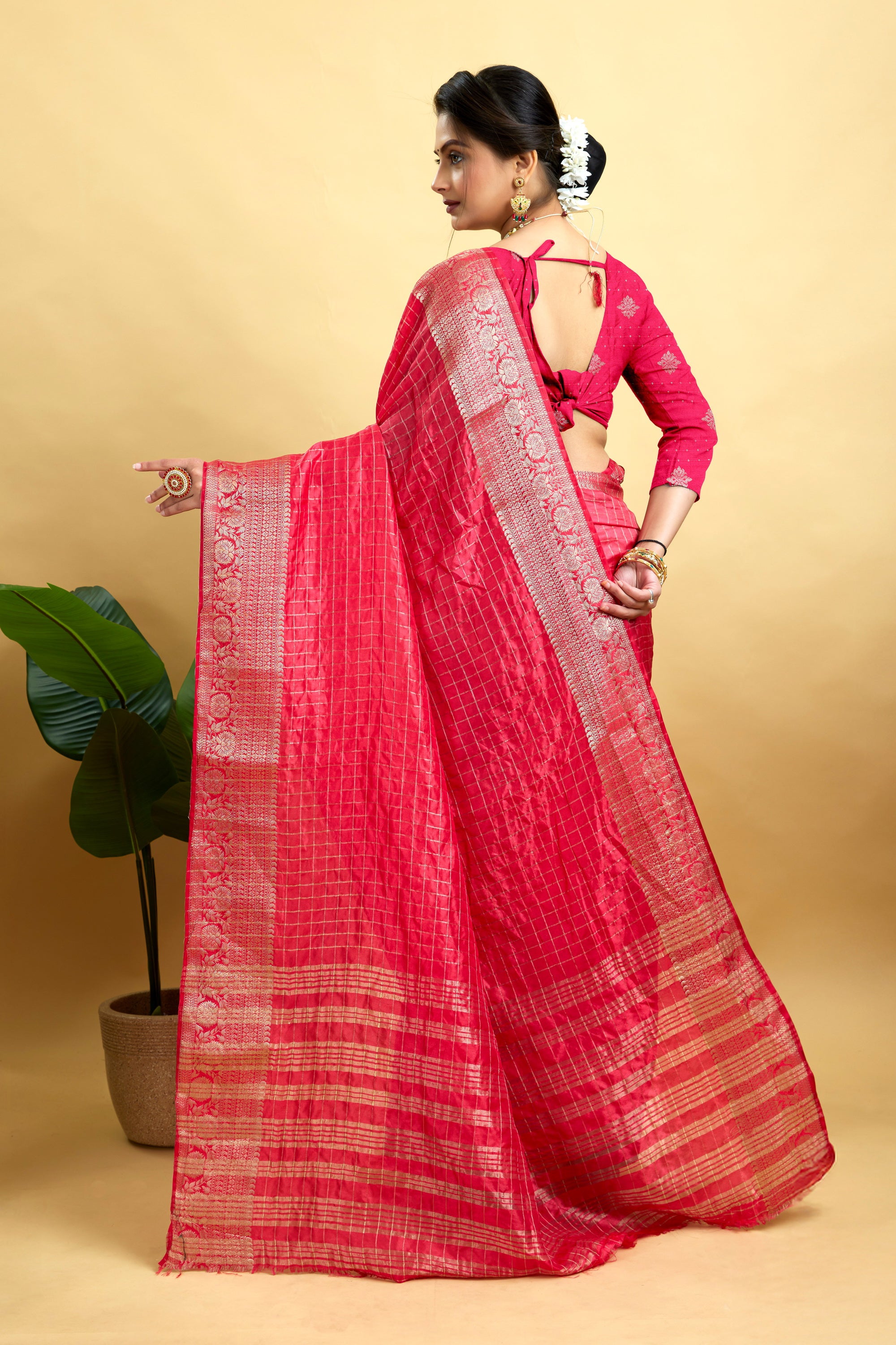 Dark Pink Woven Jacquard Cotton Silk Saree