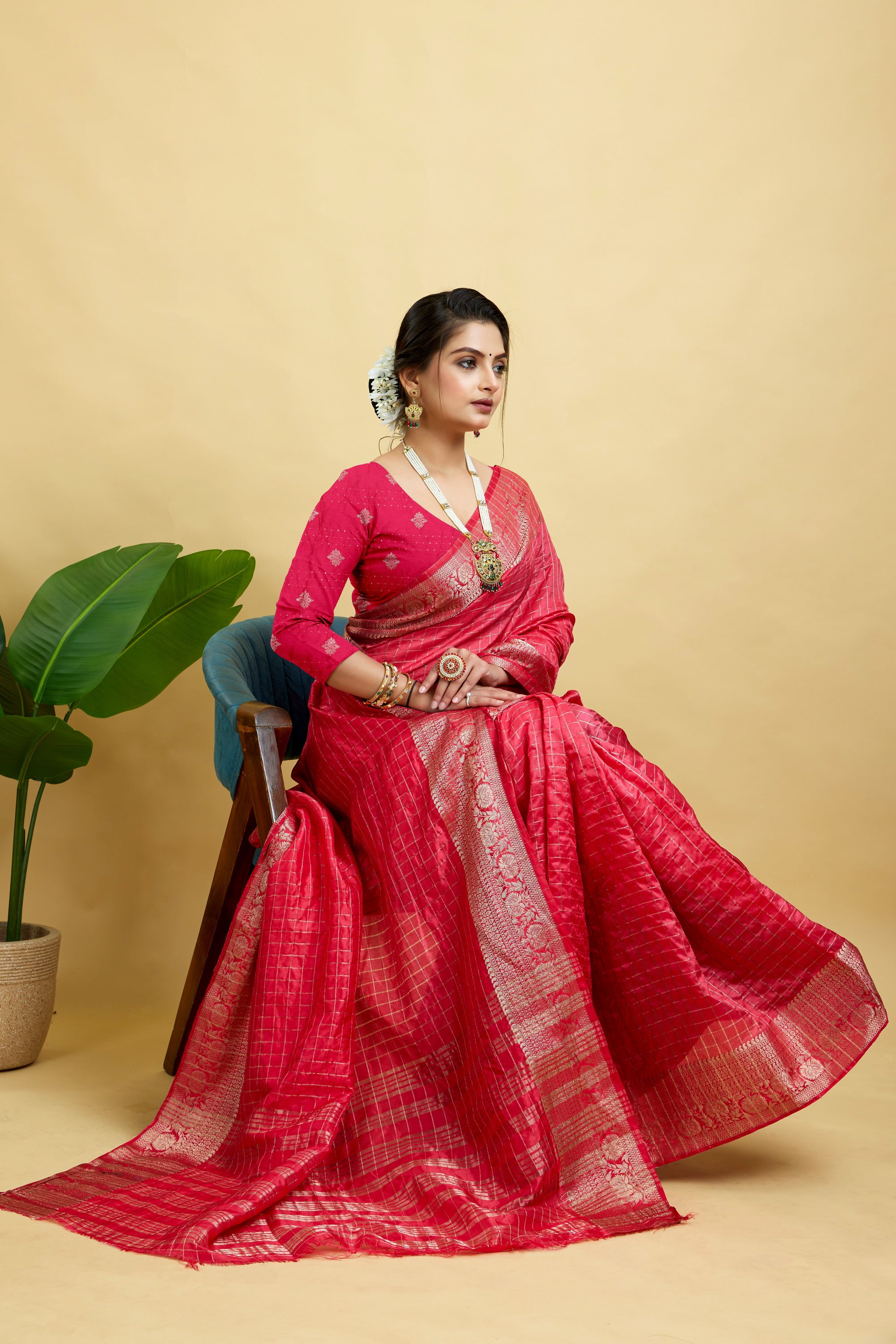 Dark Pink Woven Jacquard Cotton Silk Saree