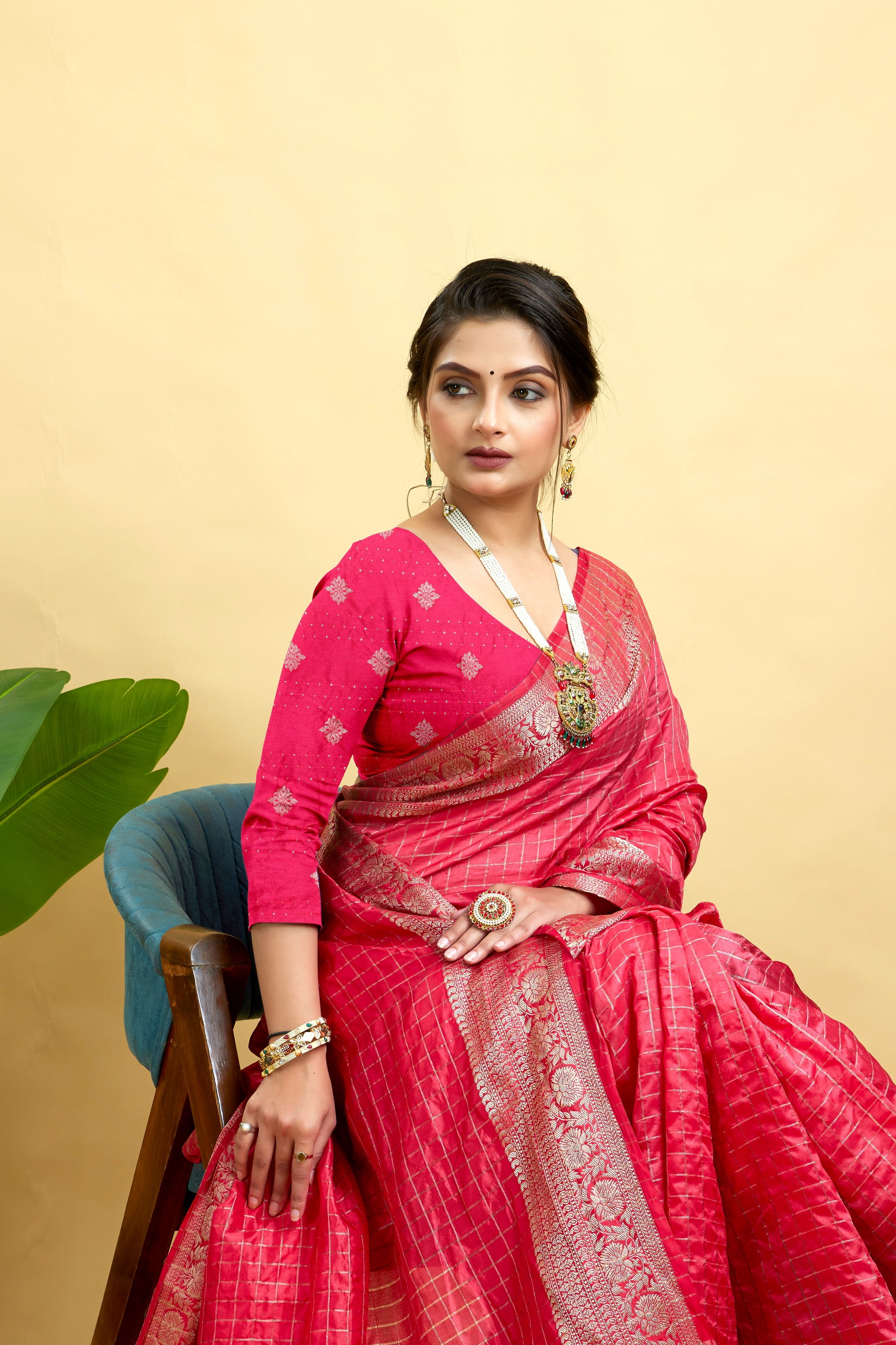 Dark Pink Woven Jacquard Cotton Silk Saree