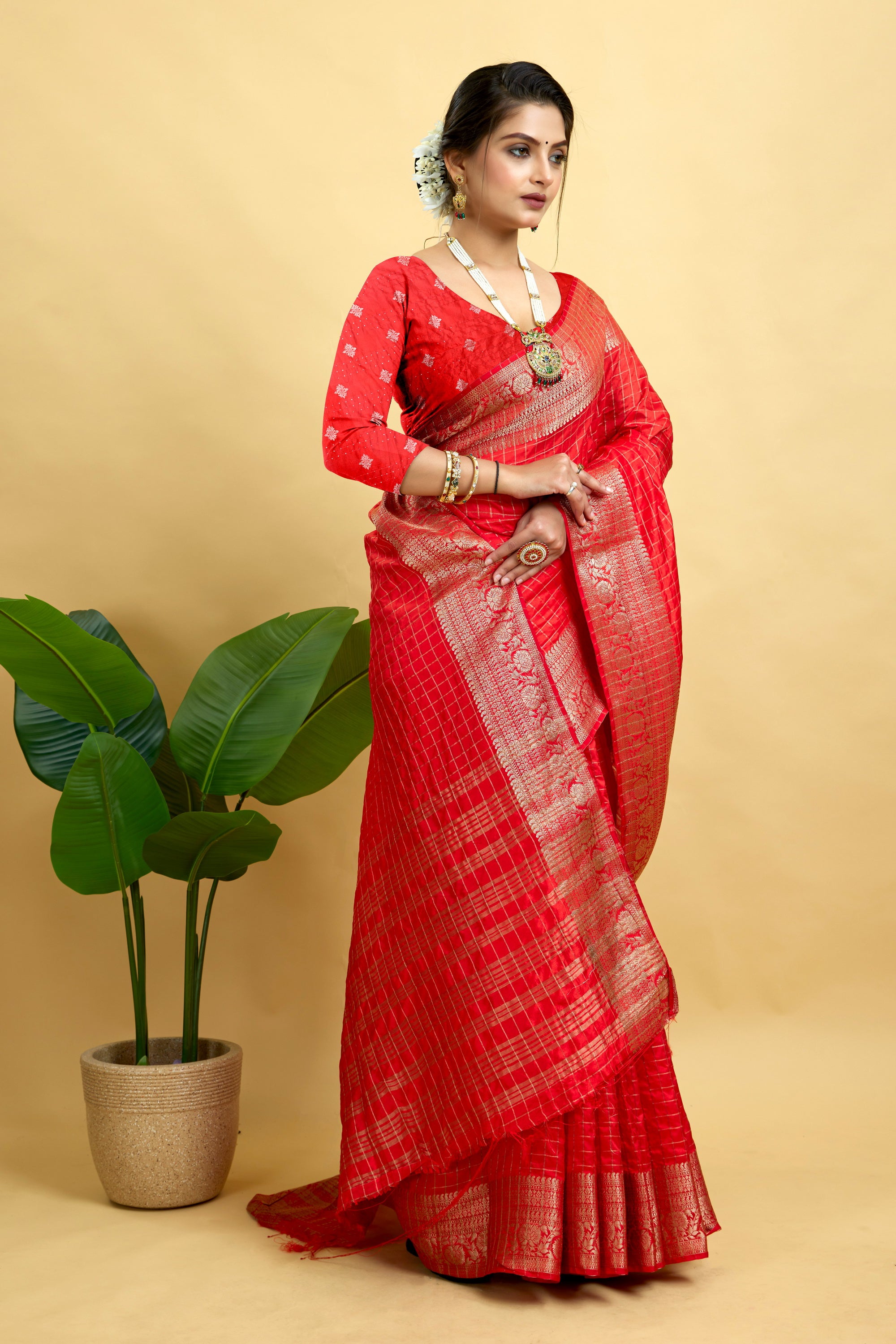 Red Woven Jacquard Cotton Silk Saree