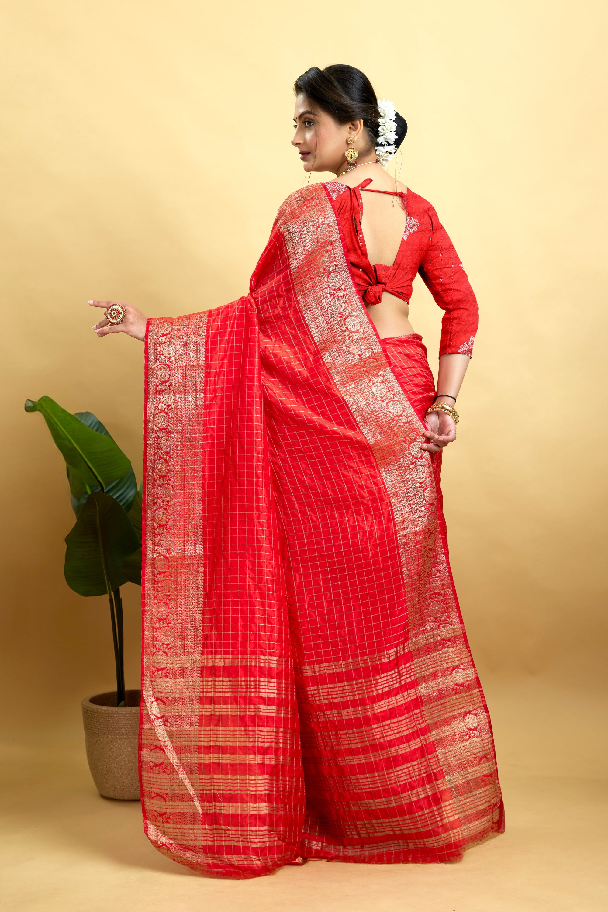 Red Woven Jacquard Cotton Silk Saree