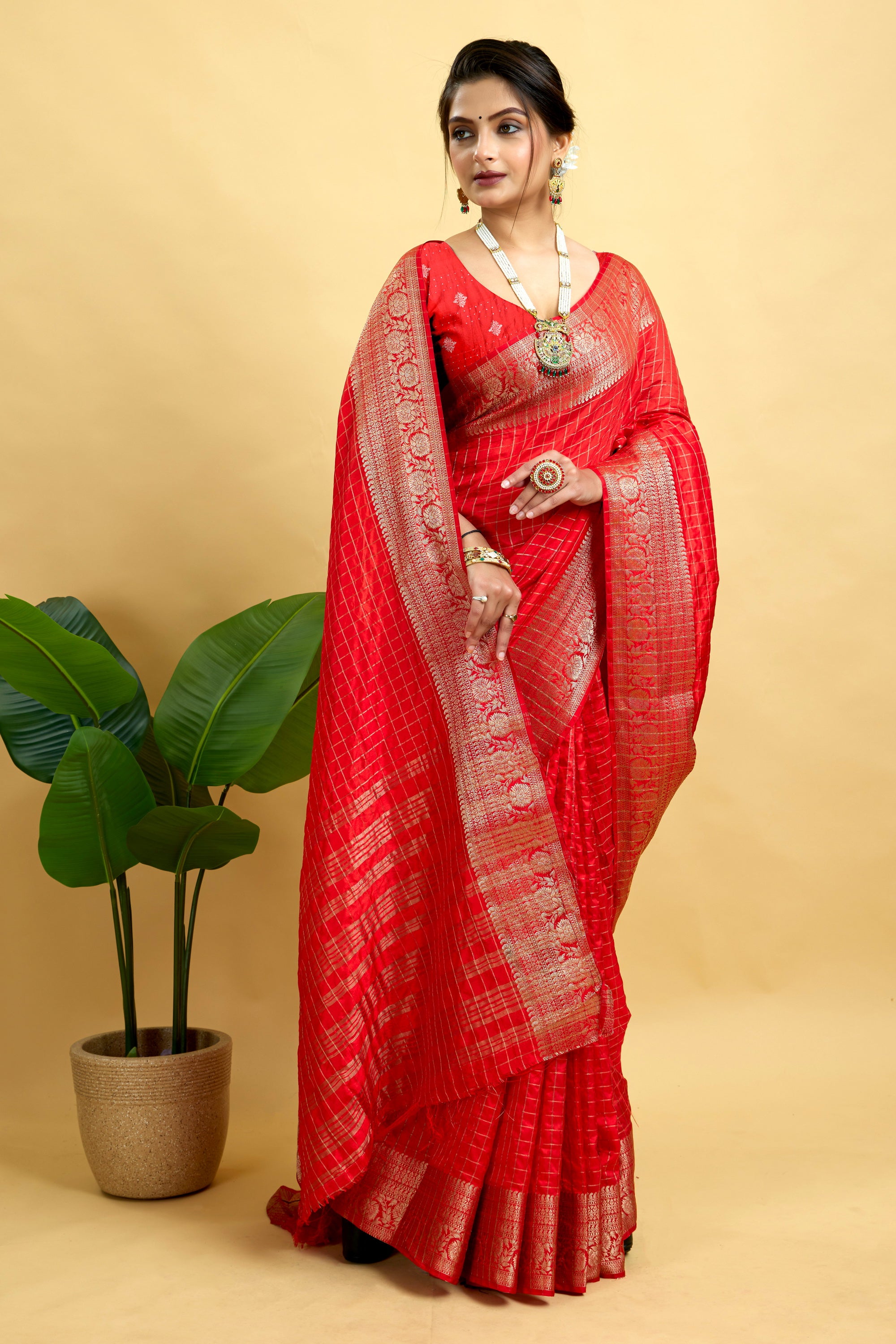 Red Woven Jacquard Cotton Silk Saree