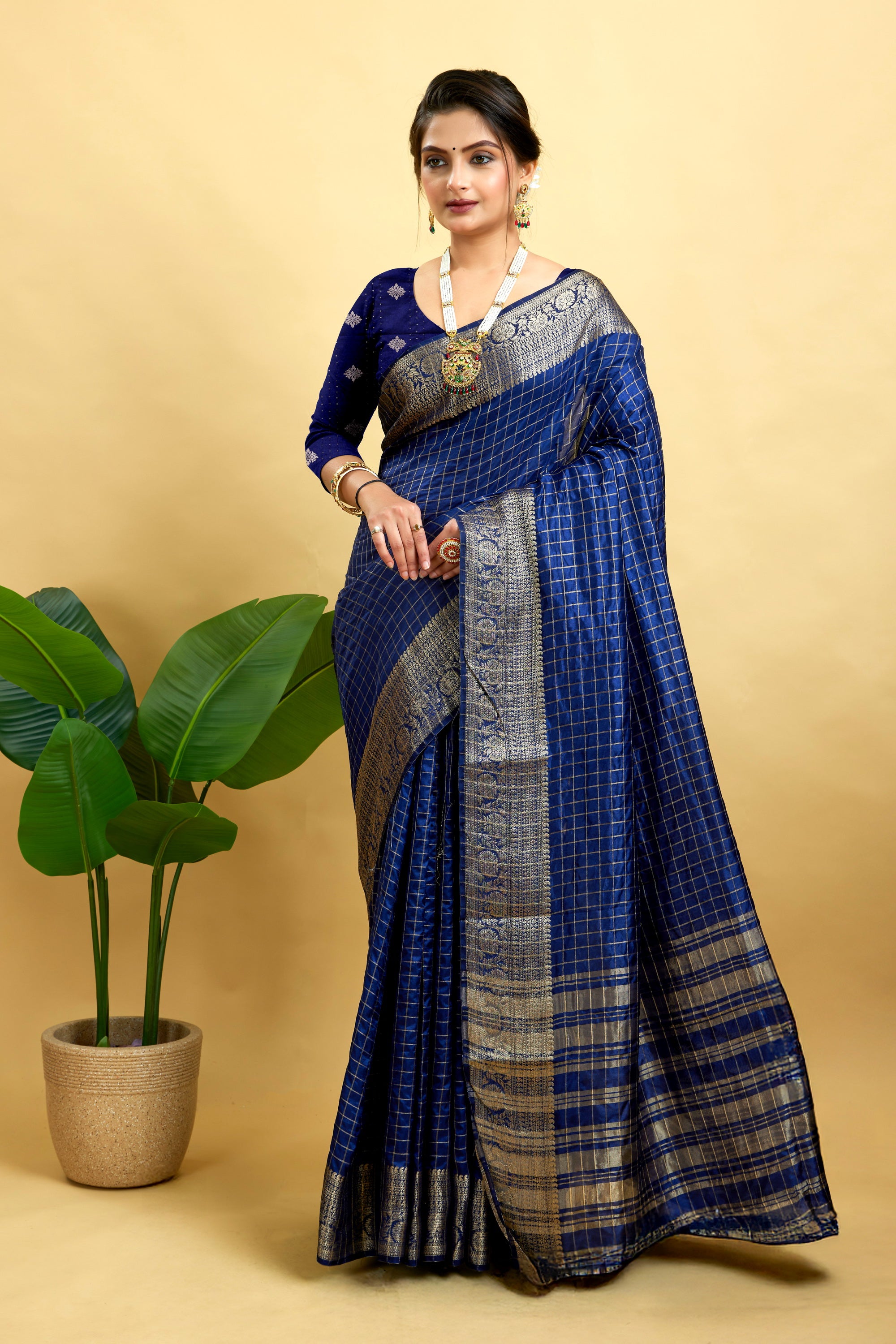 Navy Woven Jacquard Cotton Silk Saree