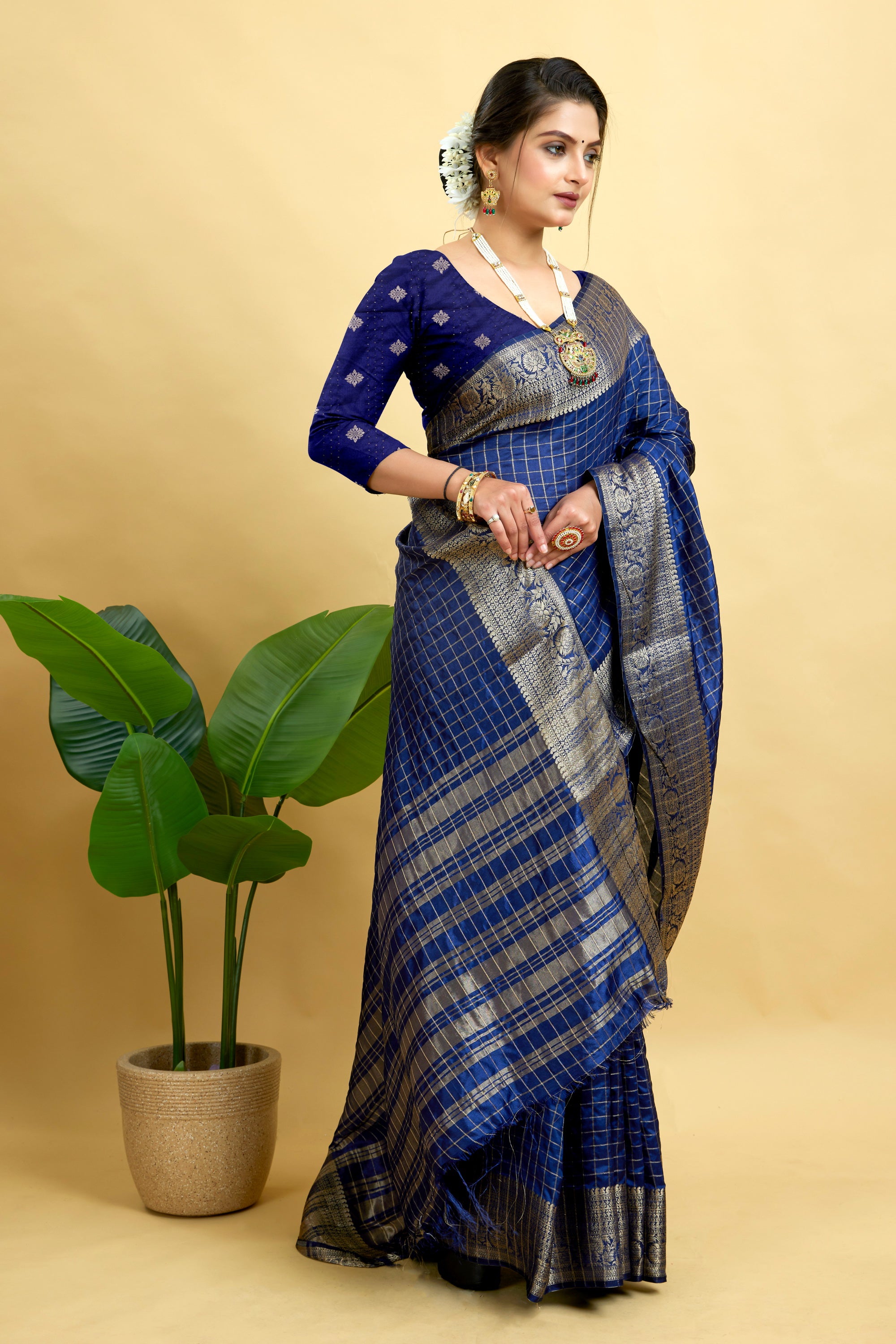 Navy Woven Jacquard Cotton Silk Saree