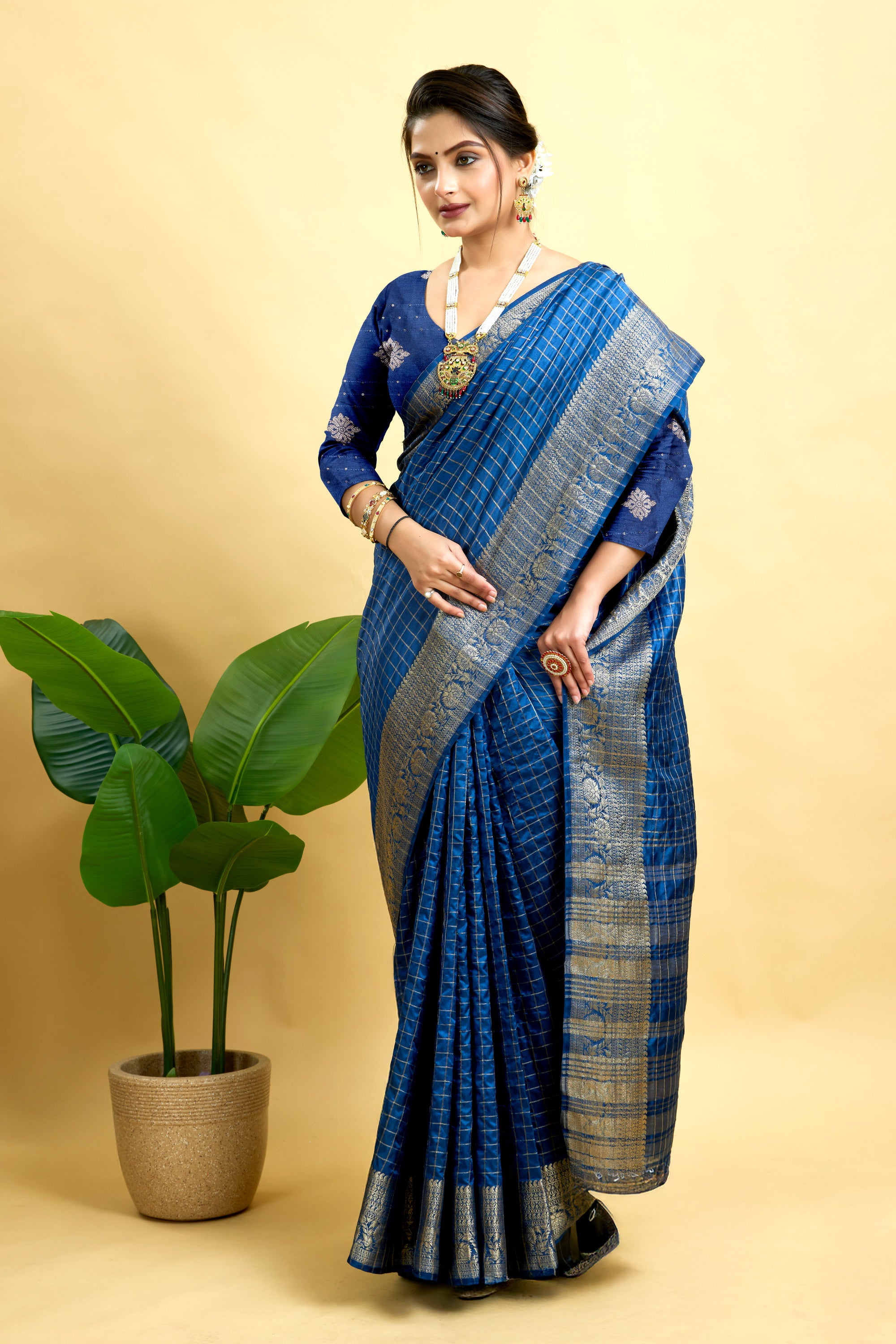 Royal Blue Woven Jacquard Cotton Silk Saree