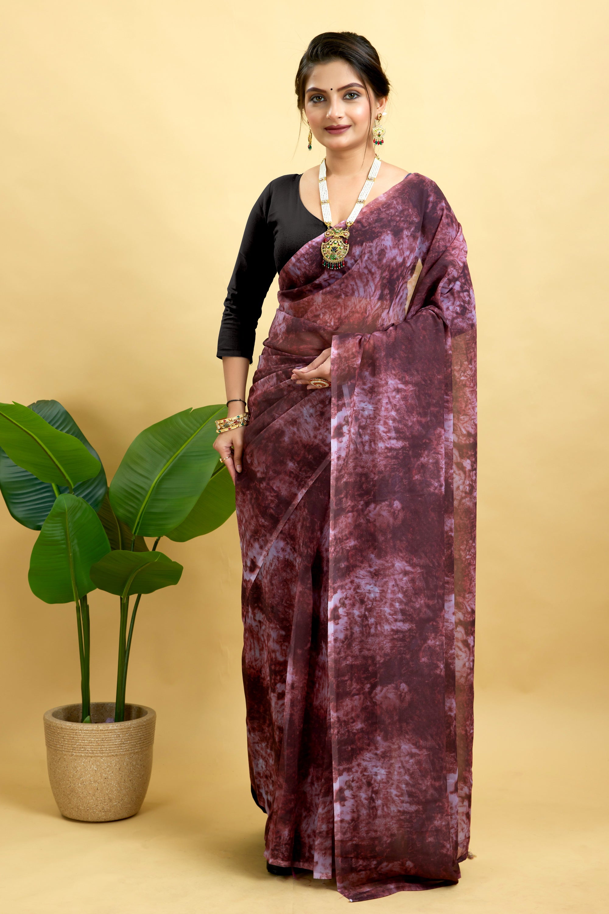Purple Ready To Wear Marble Dyed Rangoli Silk Saree
