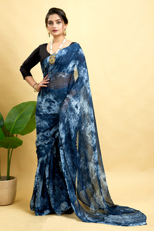 Blue Ready To Wear Marble Dyed Rangoli Silk Saree