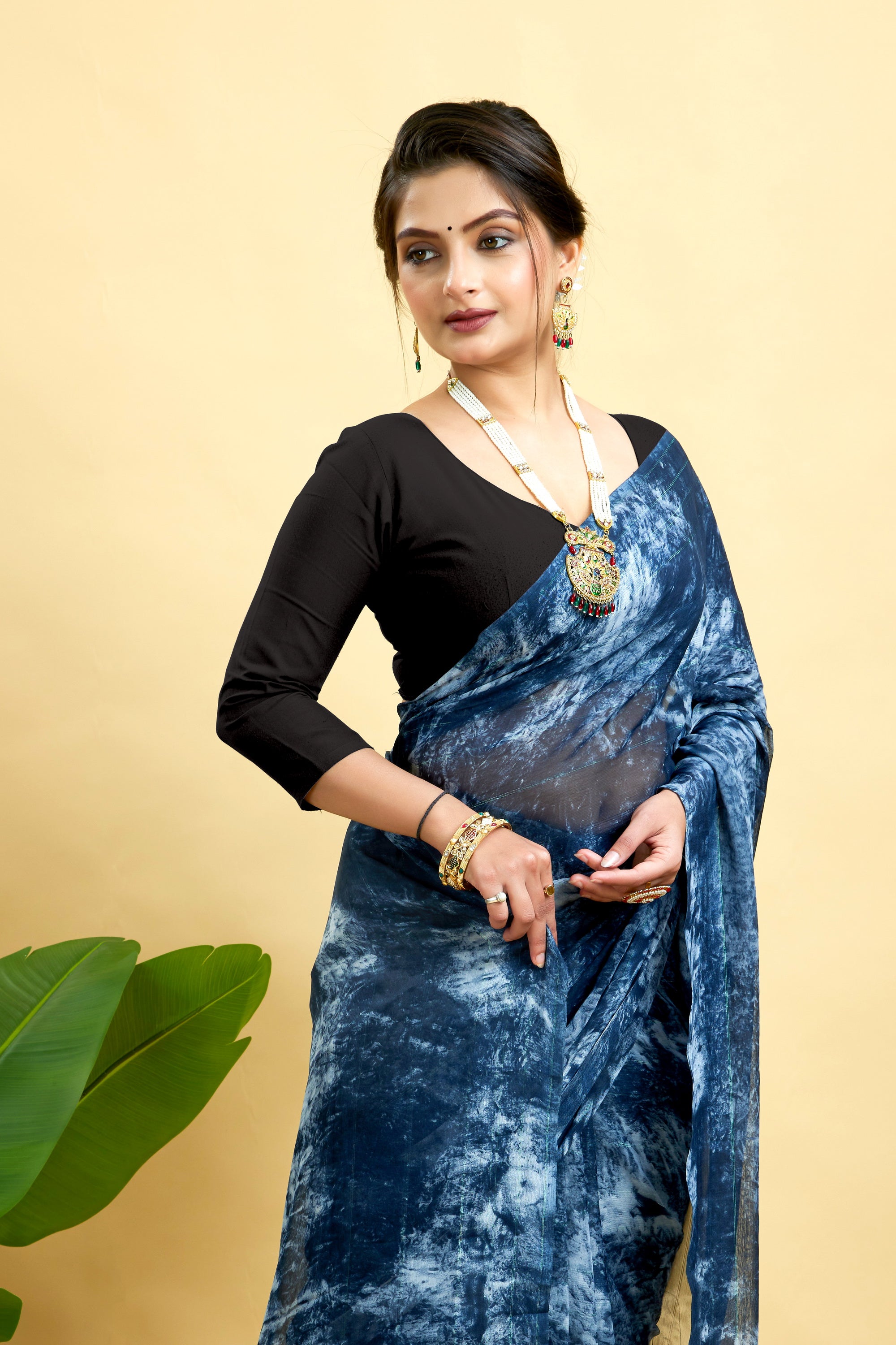 Blue Ready To Wear Marble Dyed Rangoli Silk Saree