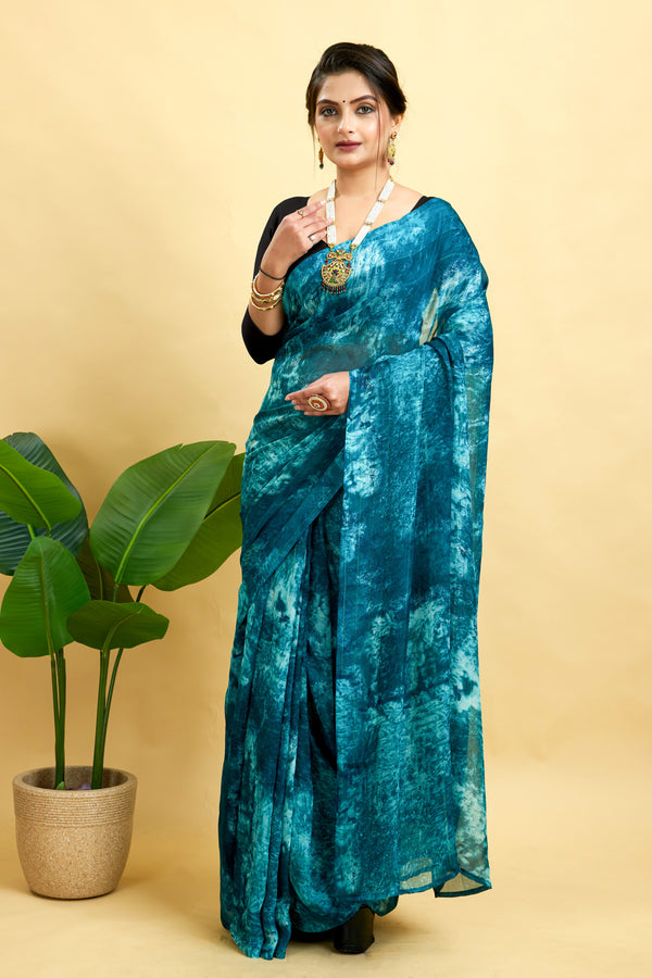 Light Blue Ready To Wear Marble Dyed Rangoli Silk Saree