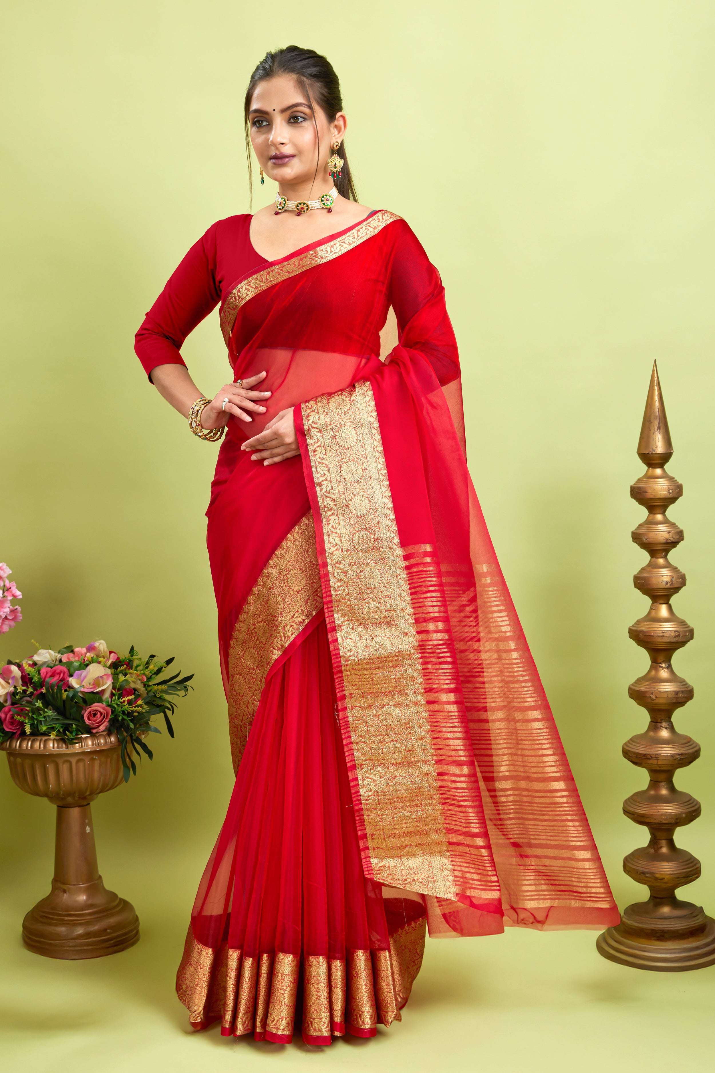 Red Woven Organza Soft Jacquard Saree