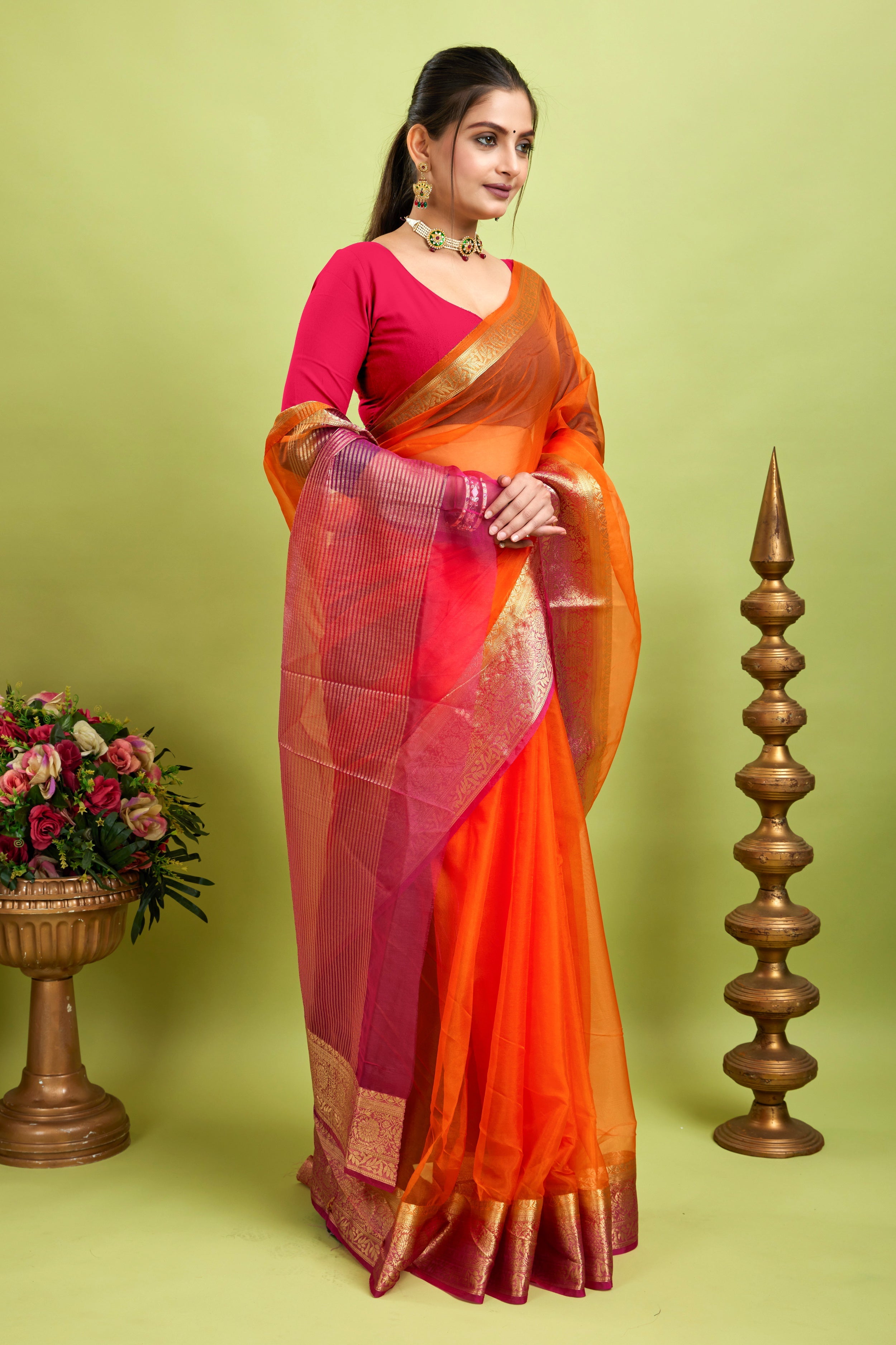 Orange Woven Organza Soft Jacquard Saree